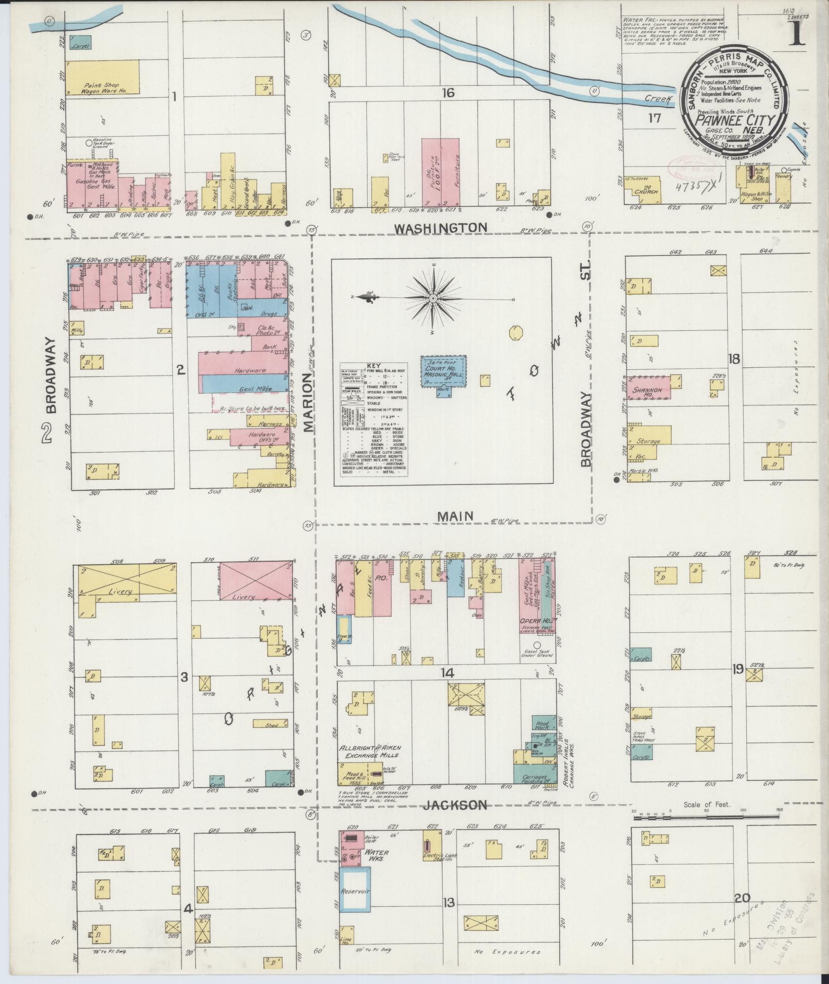 Sanborn Fire Insurance Map from Pawnee City, Pawnee County, Nebraska (1892), Sheet #0001 - Historic Sanborn Fire Insurance Map Print, vintage old map wall art, antique decor, genealogy gift, Nebraska Nebraska map