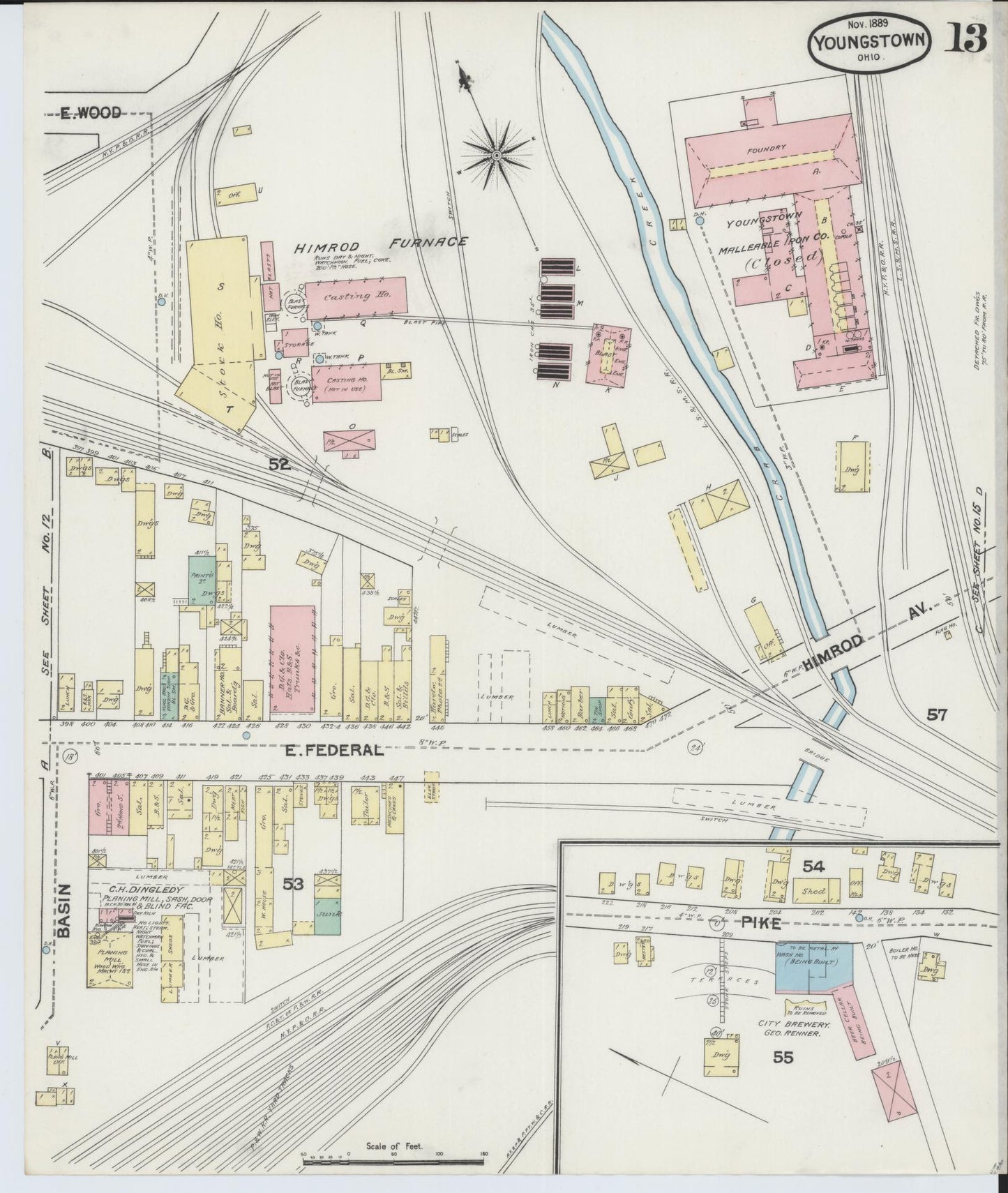 Sanborn Fire Insurance Map from Youngstown, Mahoning County, Ohio (1889), Sheet #0013 - Historic Sanborn Fire Insurance Map Print, vintage old map wall art, antique decor, genealogy gift, Ohio Ohio map