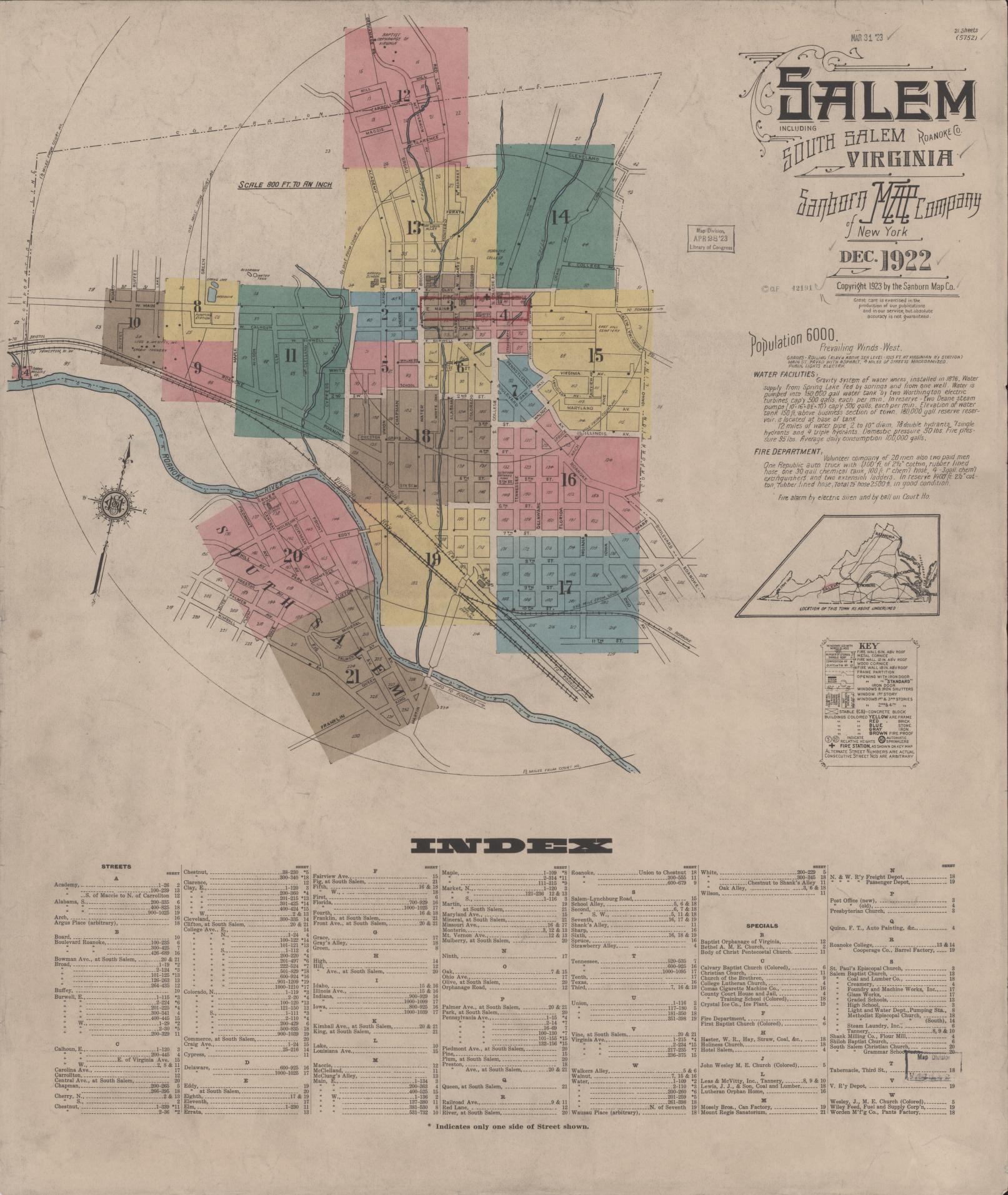 Sanborn Fire Insurance Map from Salem, Independent Cities, Virginia (1922), Sheet #0001 - Historic Sanborn Fire Insurance Map Print, vintage old map wall art, antique decor, genealogy gift, Virginia Virginia map
