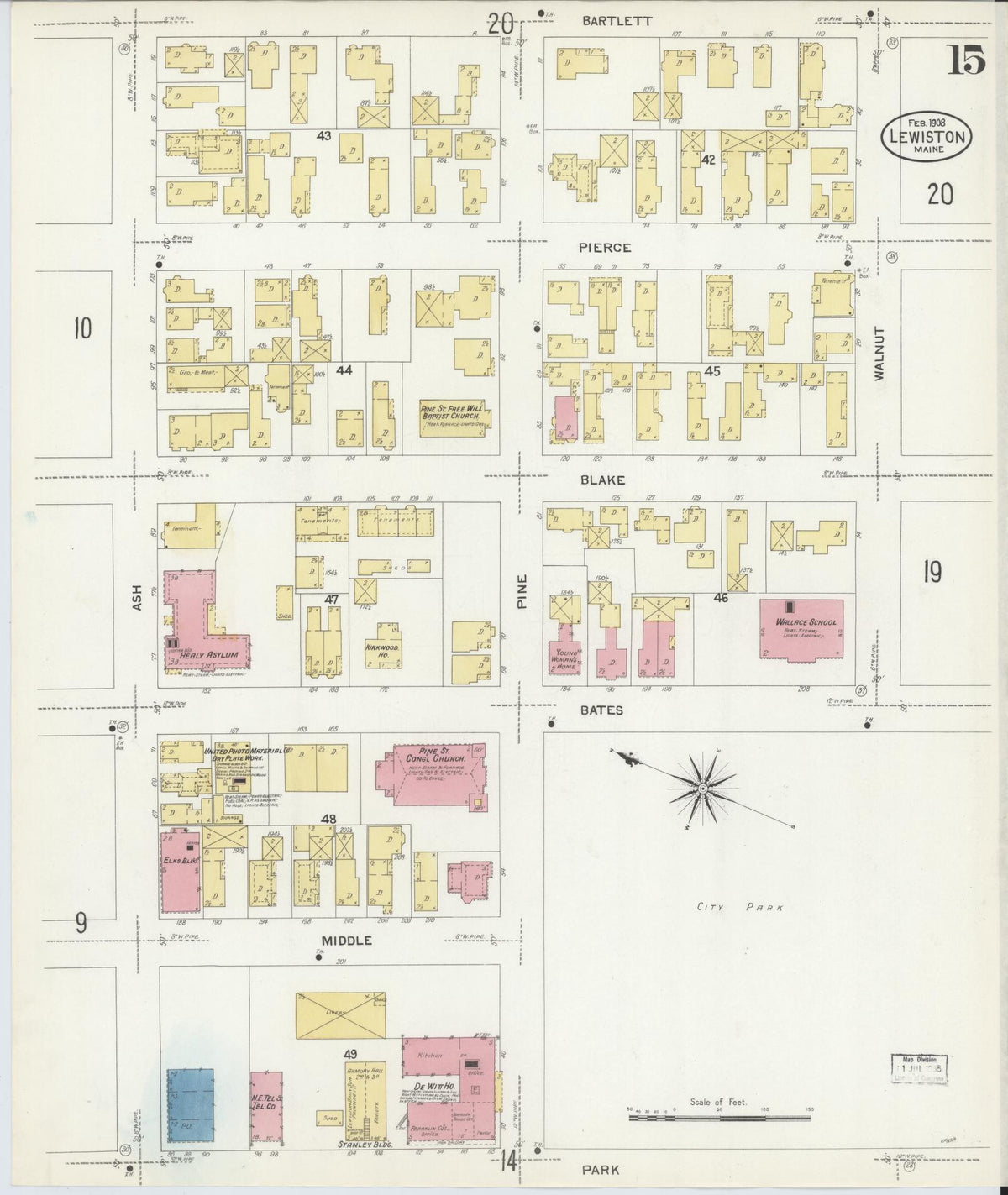 Sanborn Fire Insurance Map from Lewiston, Androscoggin County, Maine (1908), Sheet #0015 - Complete Map Set gallery image, historic Sanborn map, vintage wall art, Maine Maine
