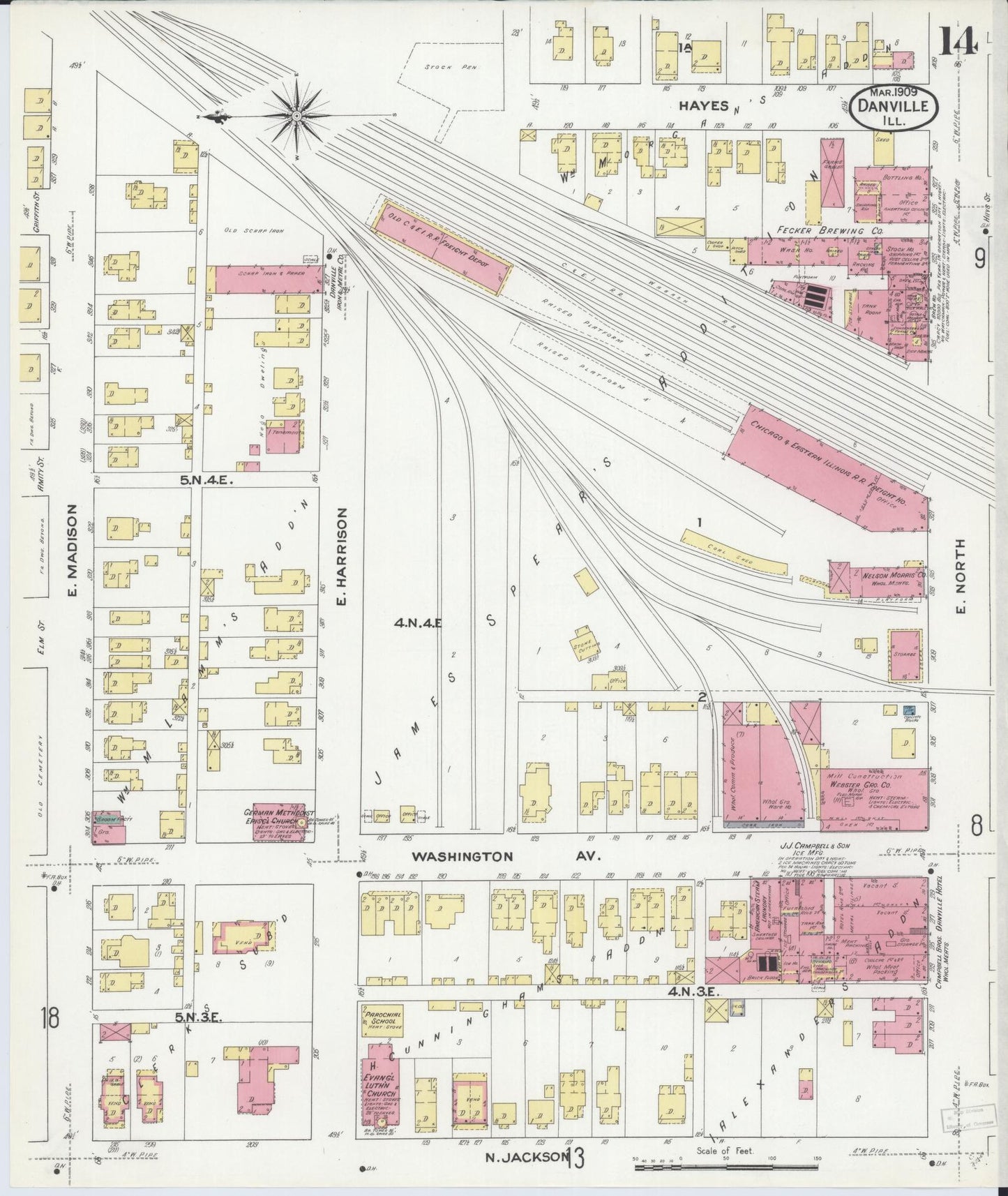 Sanborn Fire Insurance Map from Danville, Vermilion County, Illinois (1909), Sheet #0014 - Historic Sanborn Fire Insurance Map Print, vintage old map wall art, antique decor, genealogy gift, Illinois Illinois map