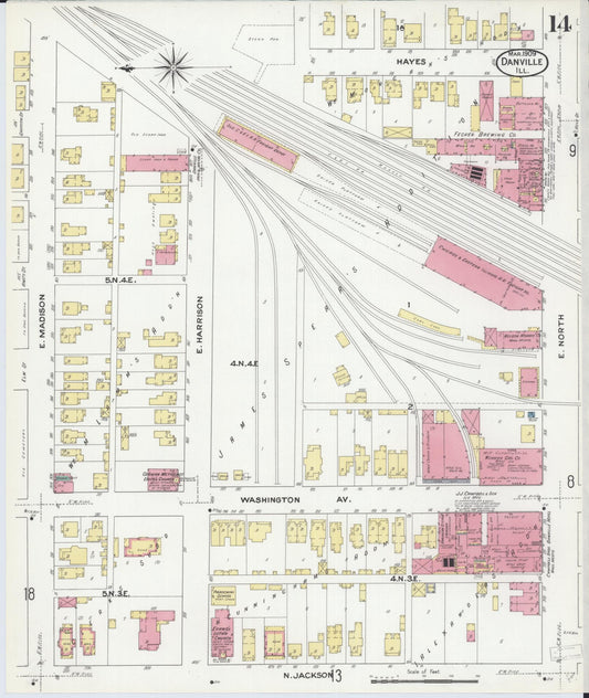 Sanborn Fire Insurance Map from Danville, Vermilion County, Illinois (1909), Sheet #0014 - Historic Sanborn Fire Insurance Map Print, vintage old map wall art, antique decor, genealogy gift, Illinois Illinois map