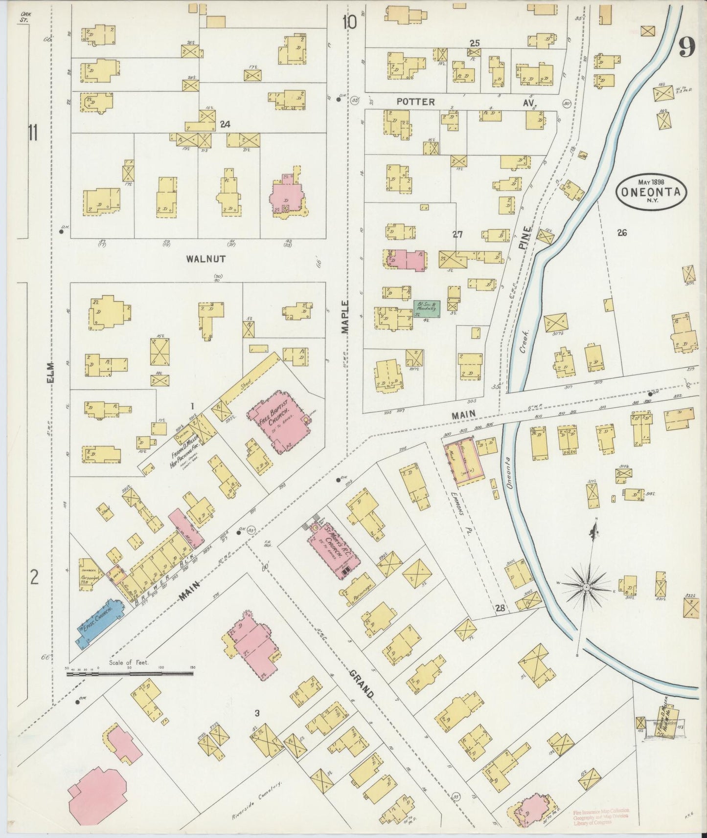 Sanborn Fire Insurance Map from Oneonta, Otsego County, New York (1898), Sheet #0009 - Historic Sanborn Fire Insurance Map Print, vintage old map wall art, antique decor, genealogy gift, New York New York map