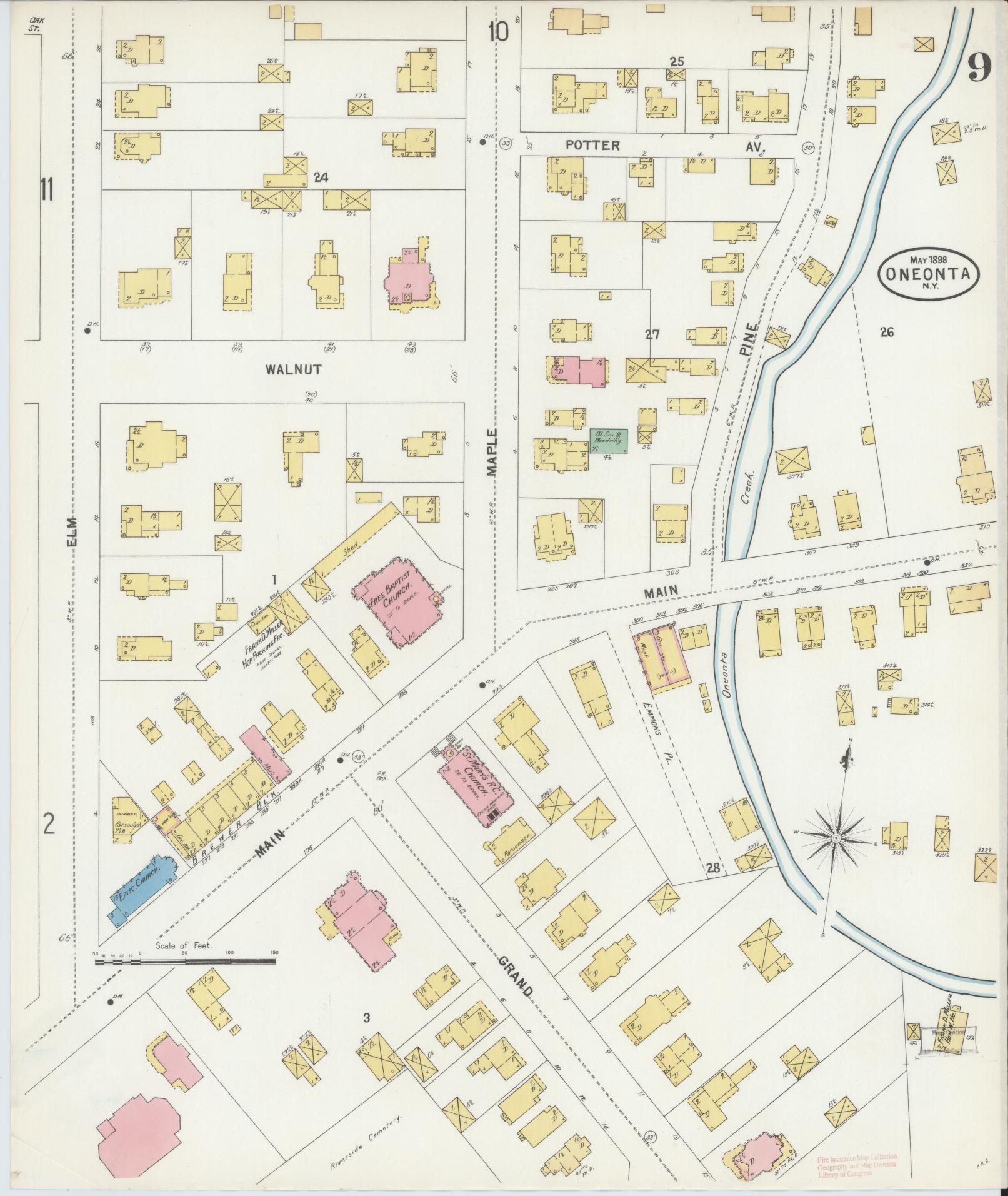 Sanborn Fire Insurance Map from Oneonta, Otsego County, New York (1898), Sheet #0009 - Historic Sanborn Fire Insurance Map Print, vintage old map wall art, antique decor, genealogy gift, New York New York map