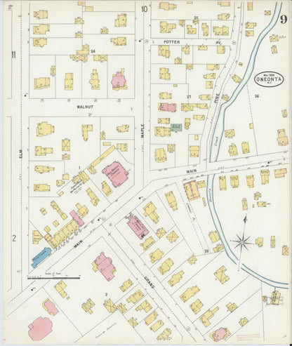 Sanborn Fire Insurance Map from Oneonta, Otsego County, New York (1898), Sheet #0009 - Historic Sanborn Fire Insurance Map Print, vintage old map wall art, antique decor, genealogy gift, New York New York map