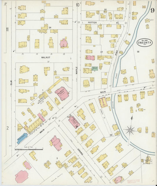 Sanborn Fire Insurance Map from Oneonta, Otsego County, New York (1898), Sheet #0009 - Historic Sanborn Fire Insurance Map Print, vintage old map wall art, antique decor, genealogy gift, New York New York map