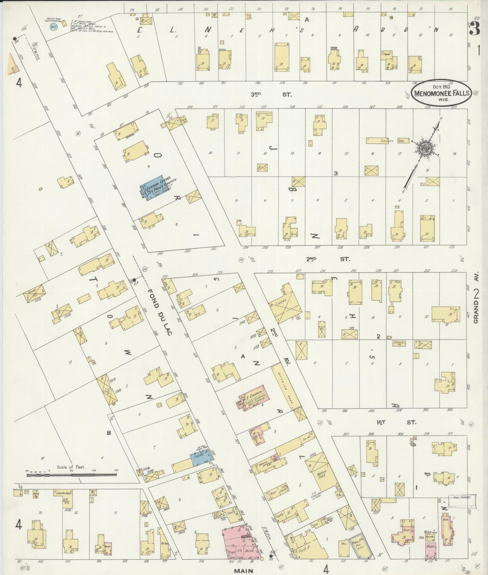 Sanborn Fire Insurance Map from Menomonee Falls, Waukesha County, Wisconsin (1910), Sheet #0003 - Historic Sanborn Fire Insurance Map Print, vintage old map wall art, antique decor, genealogy gift, Wisconsin Wisconsin map