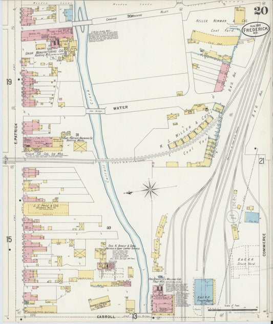 Frederick, Maryland - 1897 - Sanborn Fire Insurance Map, Sheet #0020 - Historic Sanborn Fire Insurance Map Print, Frederick Maryland 1897 0020 vintage old map wall art