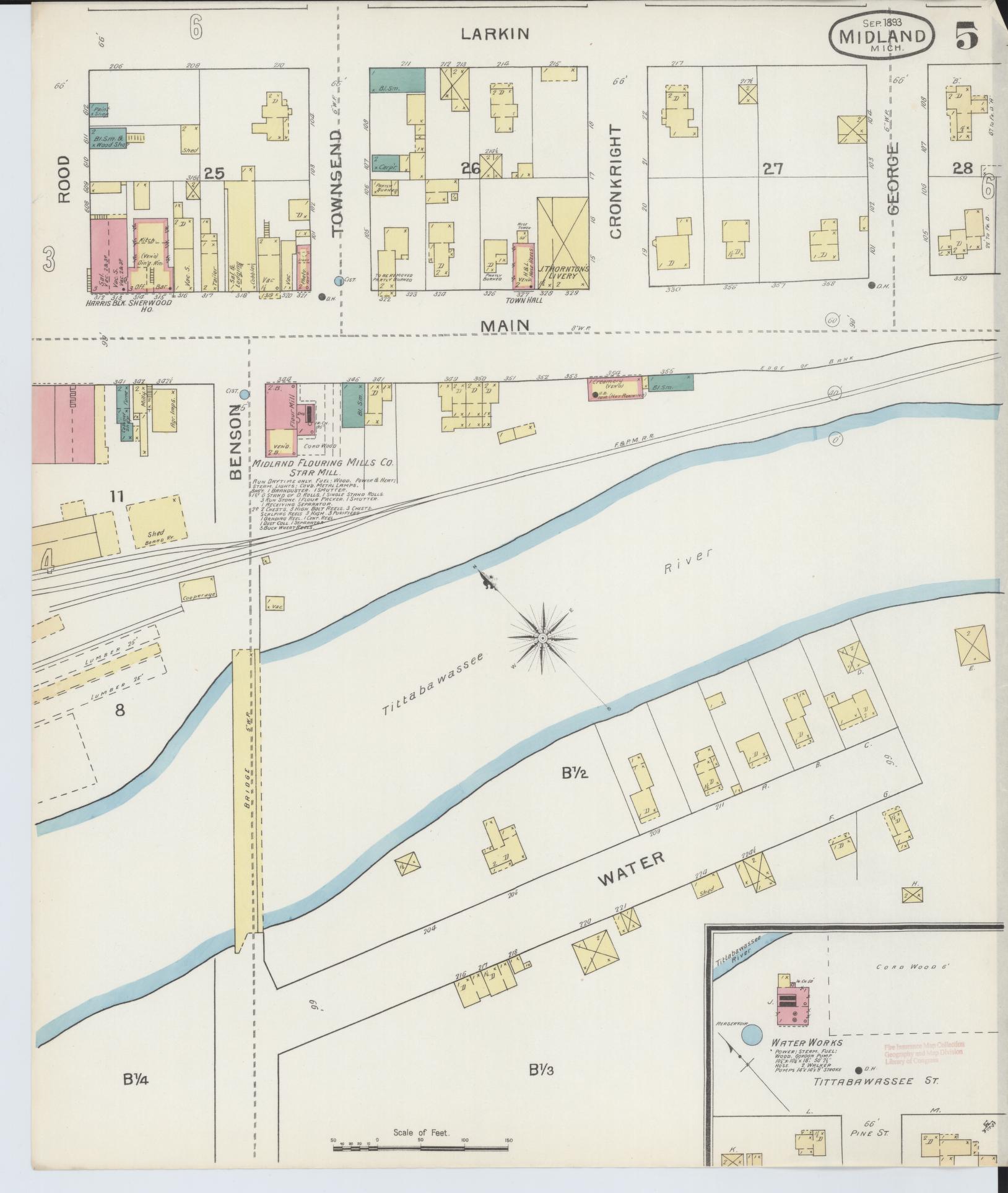 Sanborn Fire Insurance Map from Midland, Midland County, Michigan (1893), Sheet #0005 - Complete Map Set gallery image, historic Sanborn map, vintage wall art, Michigan Michigan