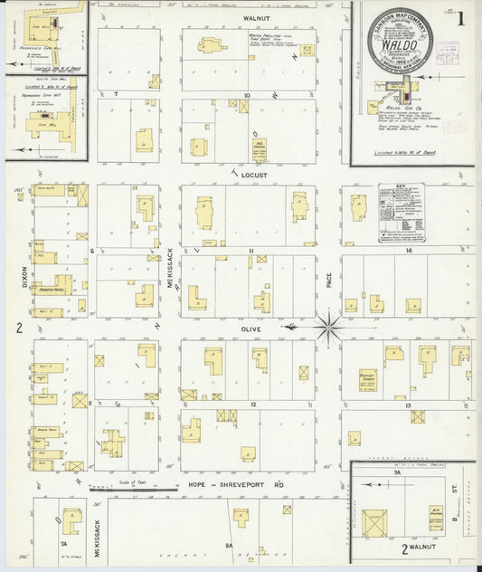 Sanborn Fire Insurance Map from Waldo, Columbia County, Arkansas (1909), Sheet #0001 - Historic Sanborn Fire Insurance Map Print, vintage old map wall art, antique decor, genealogy gift, Arkansas Arkansas map