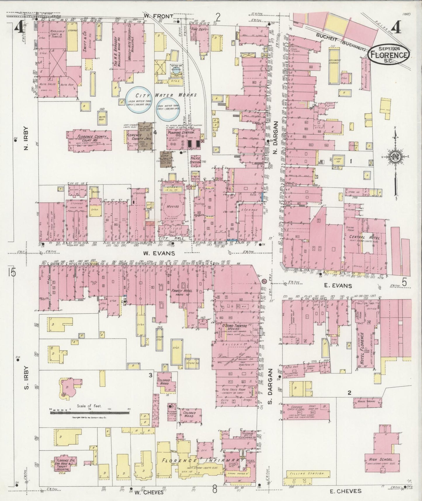 Sanborn Fire Insurance Map from Florence, Florence County, South Carolina (1924), Sheet #0004 - Historic Sanborn Fire Insurance Map Print, vintage old map wall art, antique decor, genealogy gift, South Carolina South Carolina map