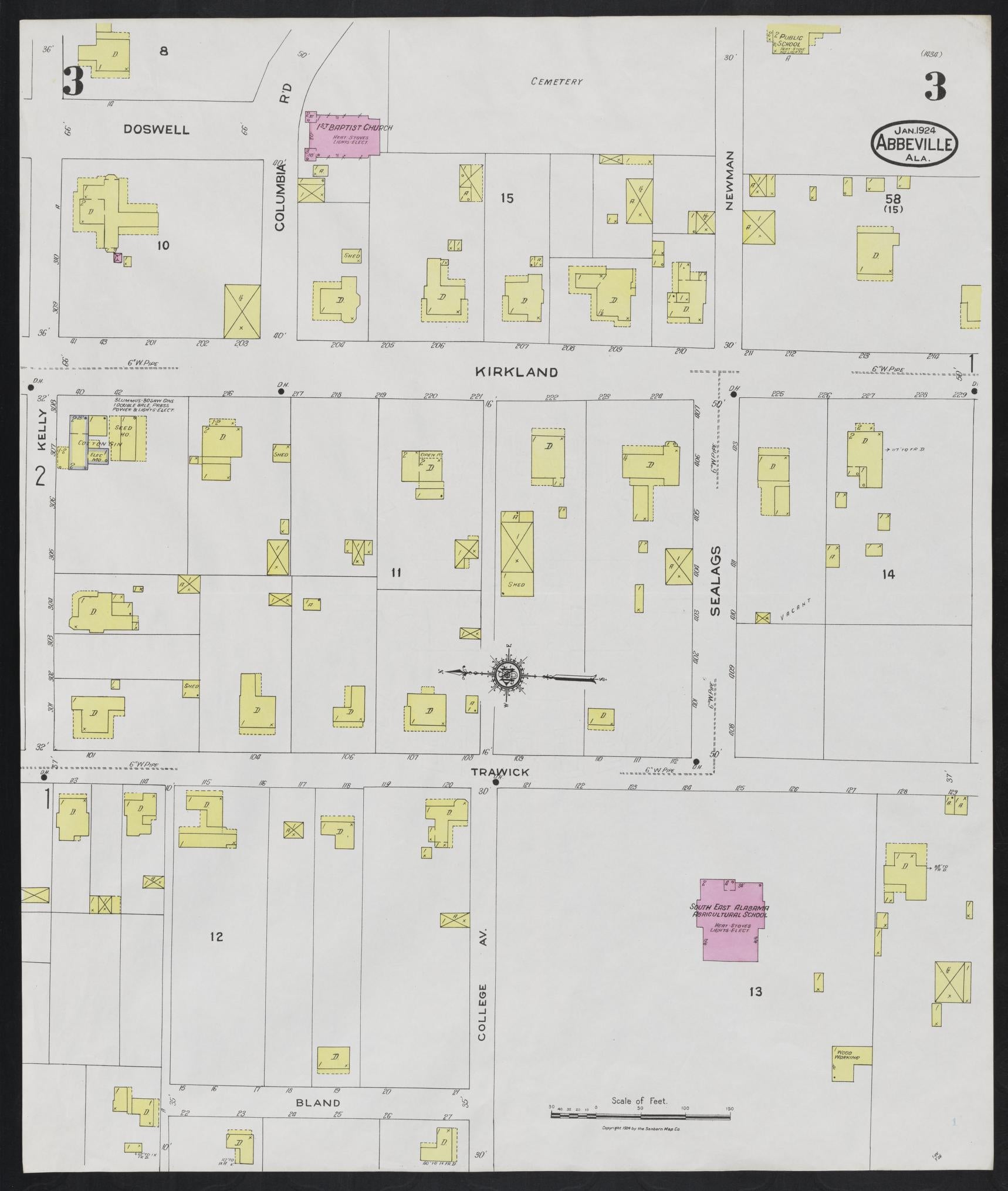 Sanborn Fire Insurance Map from Abbeville, Henry County, Alabama (1924), Sheet #0003 - Historic Sanborn Fire Insurance Map Print, vintage old map wall art, antique decor, genealogy gift, Alabama Alabama map