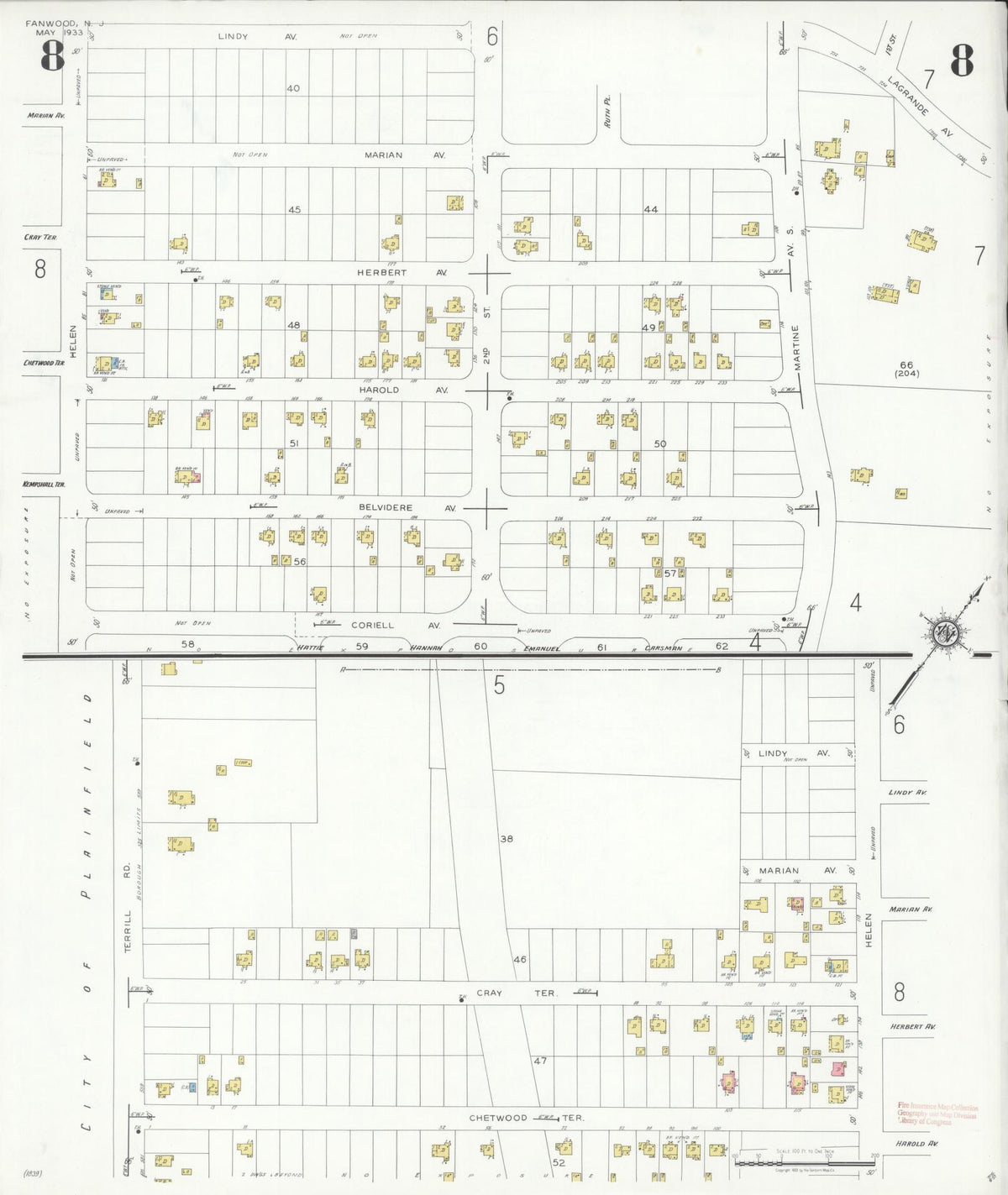 Sanborn Fire Insurance Map from Fanwood, Union County, New Jersey (1933), Sheet #0008 - Historic Sanborn Fire Insurance Map Print, vintage old map wall art, antique decor, genealogy gift, New Jersey New Jersey map