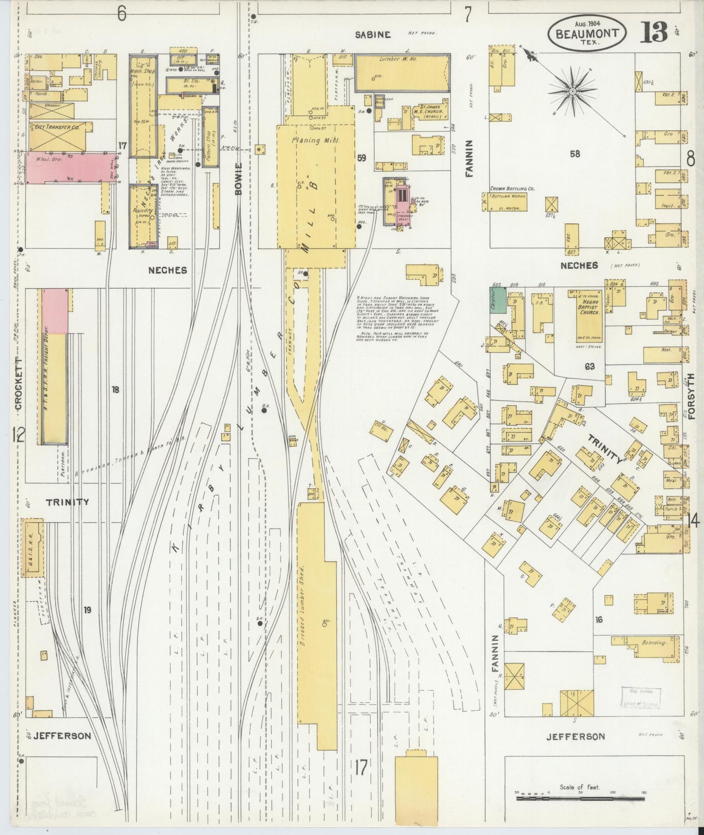 Sanborn Fire Insurance Map from Beaumont, Jefferson County, Texas (1904), Sheet #0013 - Historic Sanborn Fire Insurance Map Print, vintage old map wall art, antique decor, genealogy gift, Texas Texas map