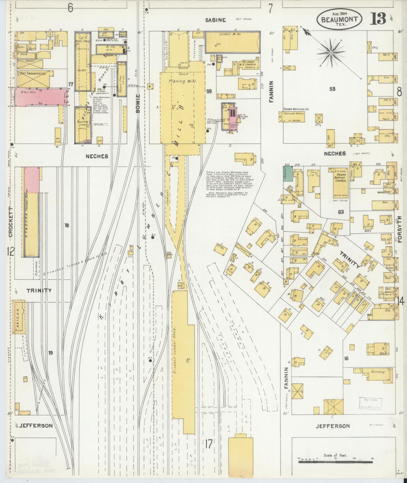 Sanborn Fire Insurance Map from Beaumont, Jefferson County, Texas (1904), Sheet #0013 - Historic Sanborn Fire Insurance Map Print, vintage old map wall art, antique decor, genealogy gift, Texas Texas map