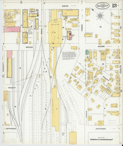 Sanborn Fire Insurance Map from Beaumont, Jefferson County, Texas (1904), Sheet #0013 - Historic Sanborn Fire Insurance Map Print, vintage old map wall art, antique decor, genealogy gift, Texas Texas map