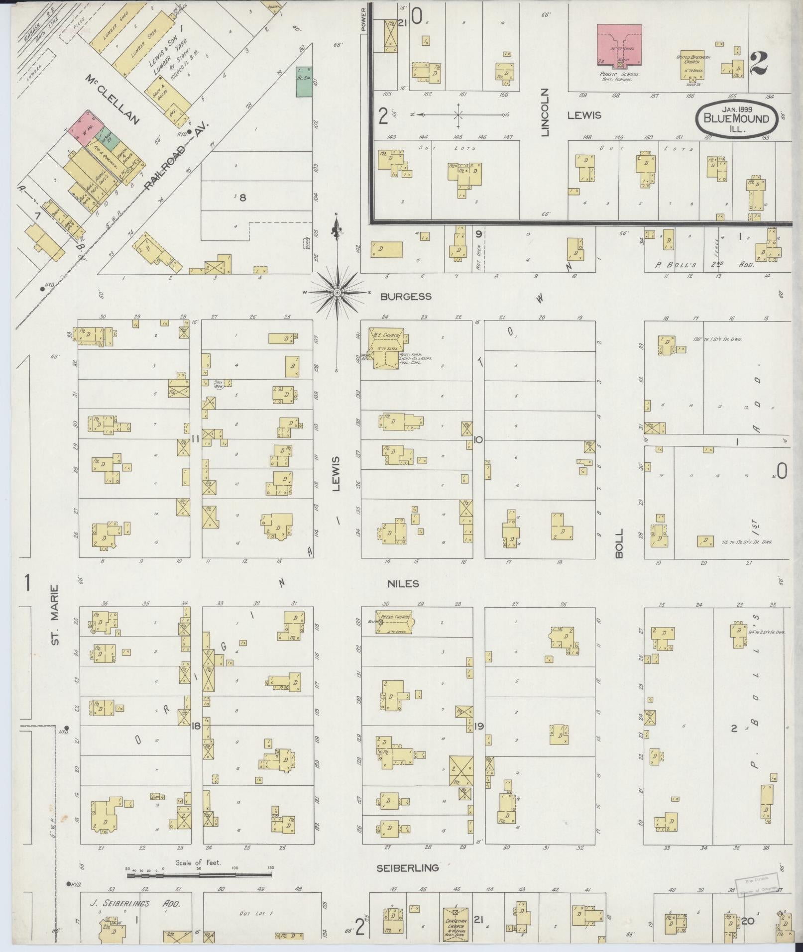 Sanborn Fire Insurance Map from Blue Mound, Macon County, Illinois (1899), Sheet #0002 - Complete Map Set gallery image, historic Sanborn map, vintage wall art, Illinois Illinois