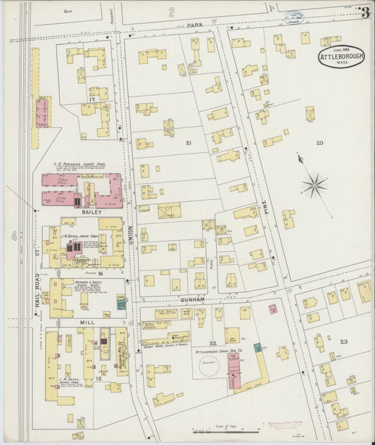 Sanborn Fire Insurance Map from Attleboro, Bristol County, Massachusetts (1894), Sheet #0003 - Historic Sanborn Fire Insurance Map Print, vintage old map wall art, antique decor, genealogy gift, Massachusetts Massachusetts map