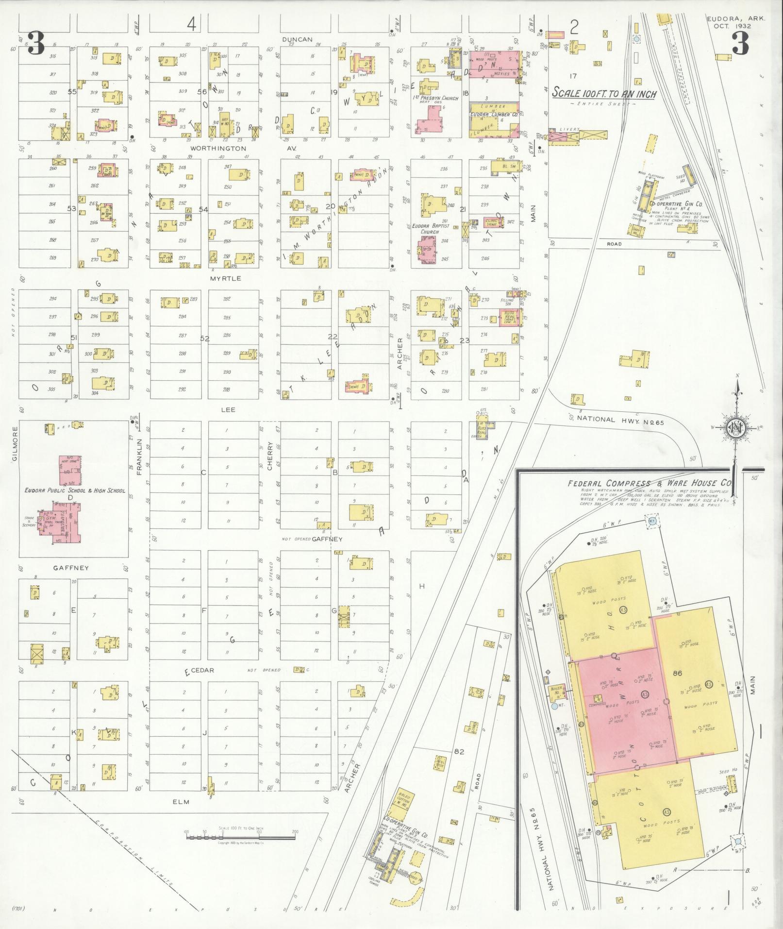 Sanborn Fire Insurance Map from Eudora, Chicot County, Arkansas (1932), Sheet #0003 - Historic Sanborn Fire Insurance Map Print, vintage old map wall art, antique decor, genealogy gift, Arkansas Arkansas map
