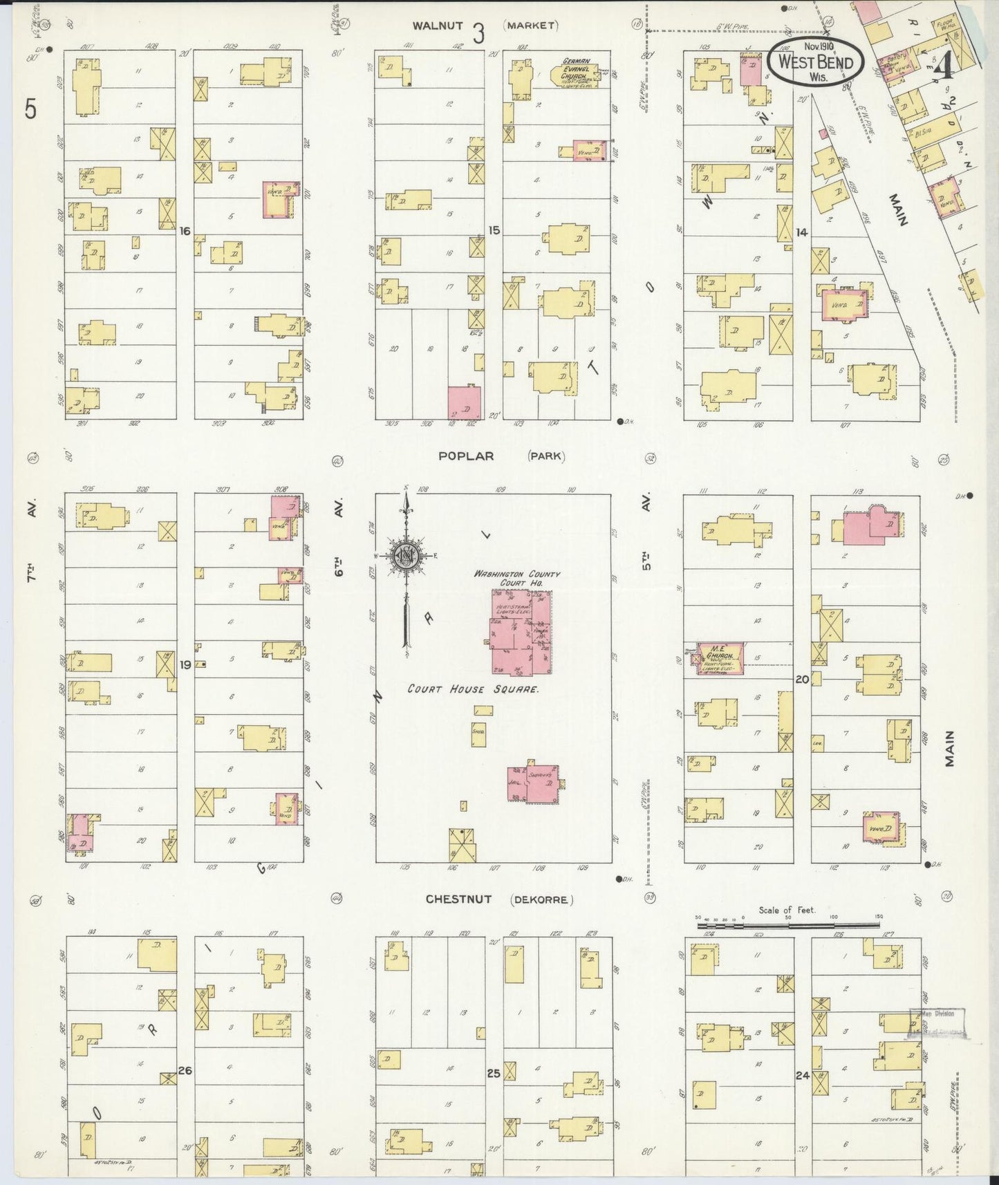 Sanborn Fire Insurance Map from West Bend, Washington County, Wisconsin (1910), Sheet #0004 - Historic Sanborn Fire Insurance Map Print, vintage old map wall art, antique decor, genealogy gift, Wisconsin Wisconsin map