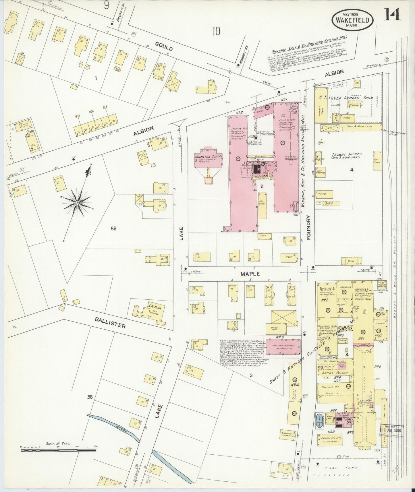 Sanborn Fire Insurance Map from Wakefield, Middlesex County, Massachusetts (1909), Sheet #0014 - Historic Sanborn Fire Insurance Map Print, vintage old map wall art, antique decor, genealogy gift, Massachusetts Massachusetts map