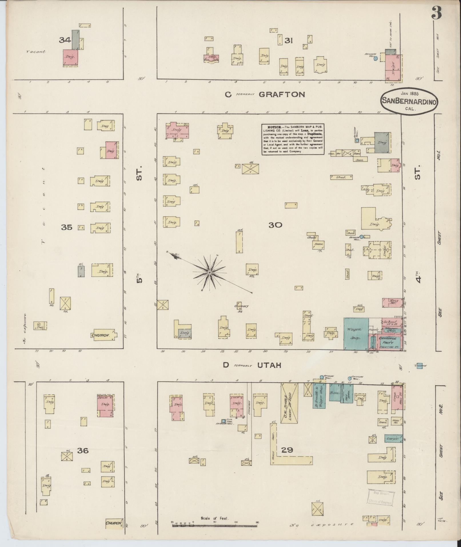 Sanborn Fire Insurance Map from San Bernardino, San Bernardino County, California (1885), Sheet #0003 - Complete Map Set gallery image, historic Sanborn map, vintage wall art, California California