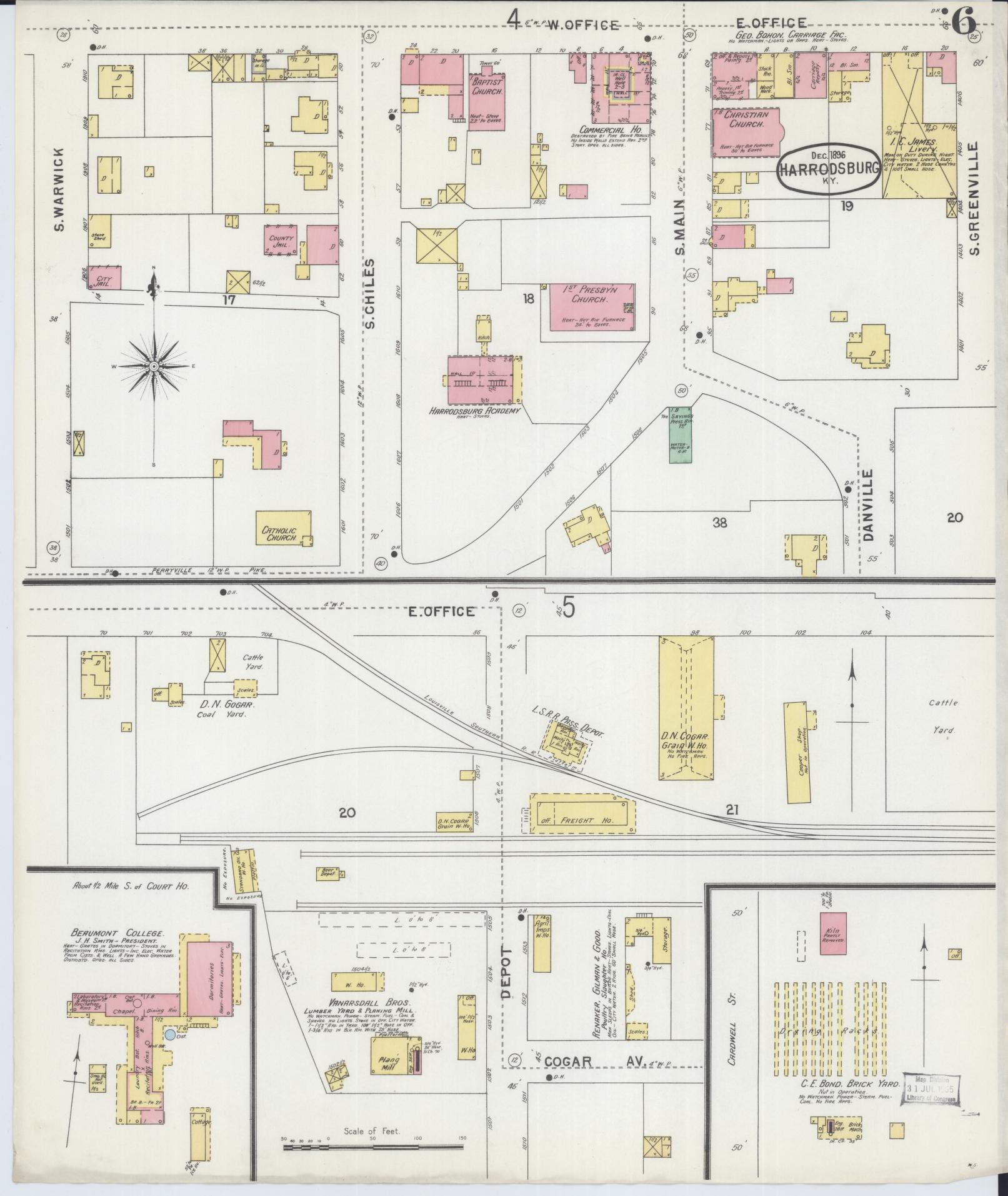 Sanborn Fire Insurance Map from Harrodsburg, Mercer County, Kentucky (1896), Sheet #0006 - Complete Map Set gallery image, historic Sanborn map, vintage wall art, Kentucky Kentucky