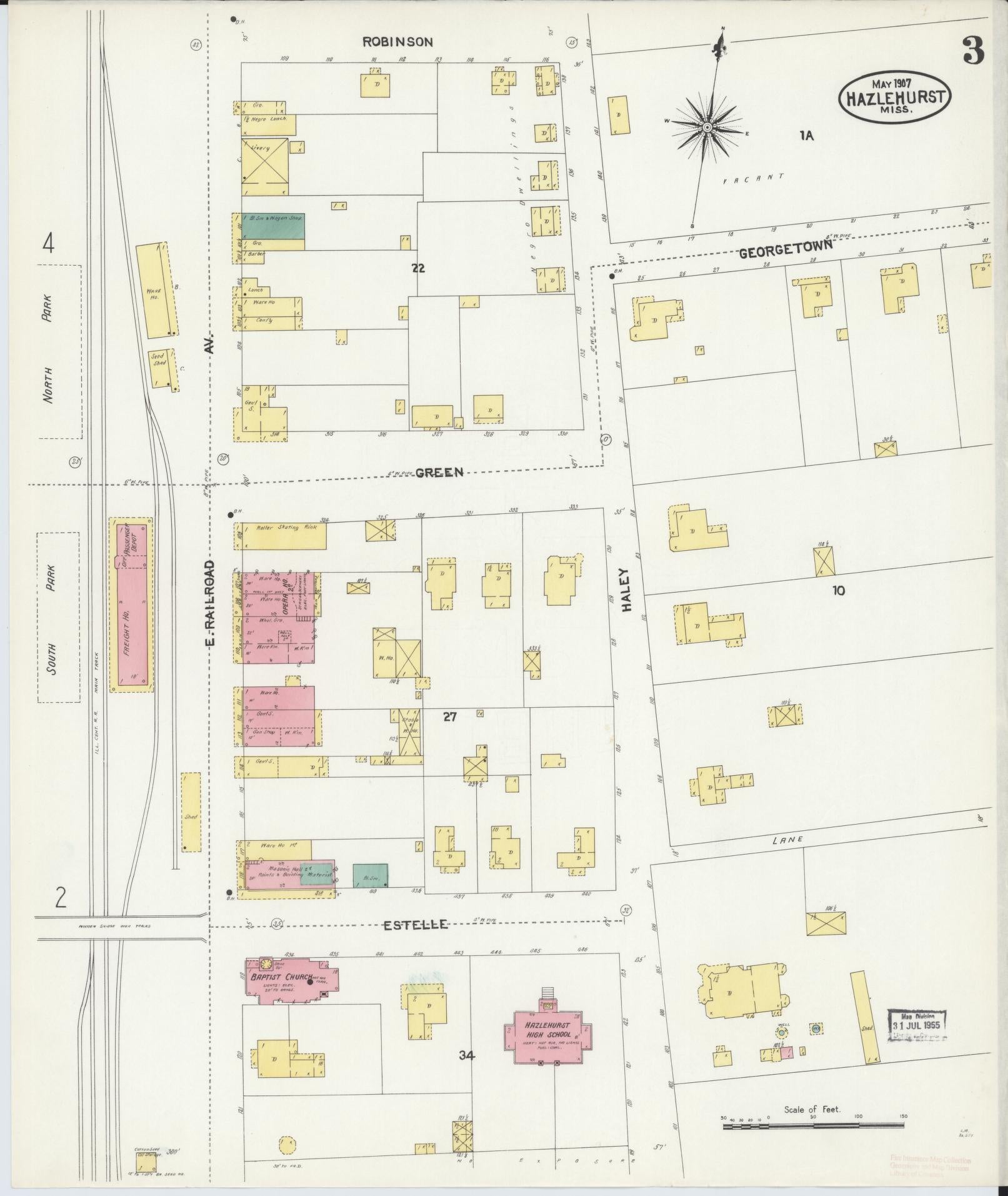 Sanborn Fire Insurance Map from Hazlehurst, Copiah County, Mississippi (1907), Sheet #0003 - Historic Sanborn Fire Insurance Map Print, vintage old map wall art, antique decor, genealogy gift, Mississippi Mississippi map