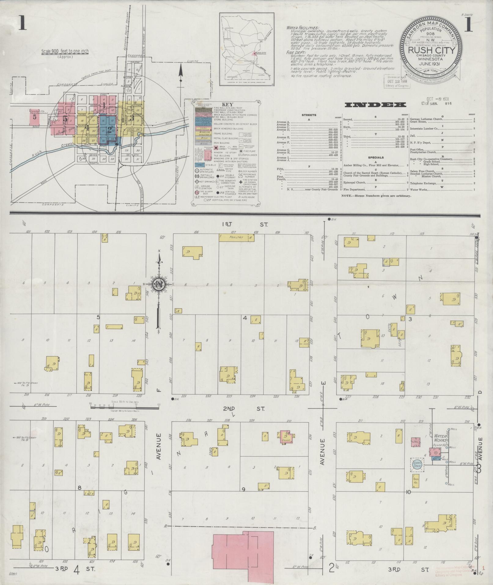 Sanborn Fire Insurance Map from Rush City, Chisago County, Minnesota (1931), Sheet #0001 - Historic Sanborn Fire Insurance Map Print, vintage old map wall art, antique decor, genealogy gift, Minnesota Minnesota map