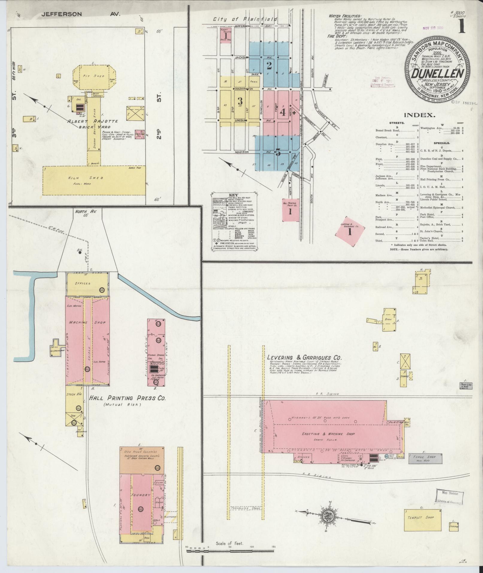 Sanborn Fire Insurance Map from Dunellen, Middlesex County, New Jersey (1910), Sheet #0001 - Historic Sanborn Fire Insurance Map Print, vintage old map wall art, antique decor, genealogy gift, New Jersey New Jersey map