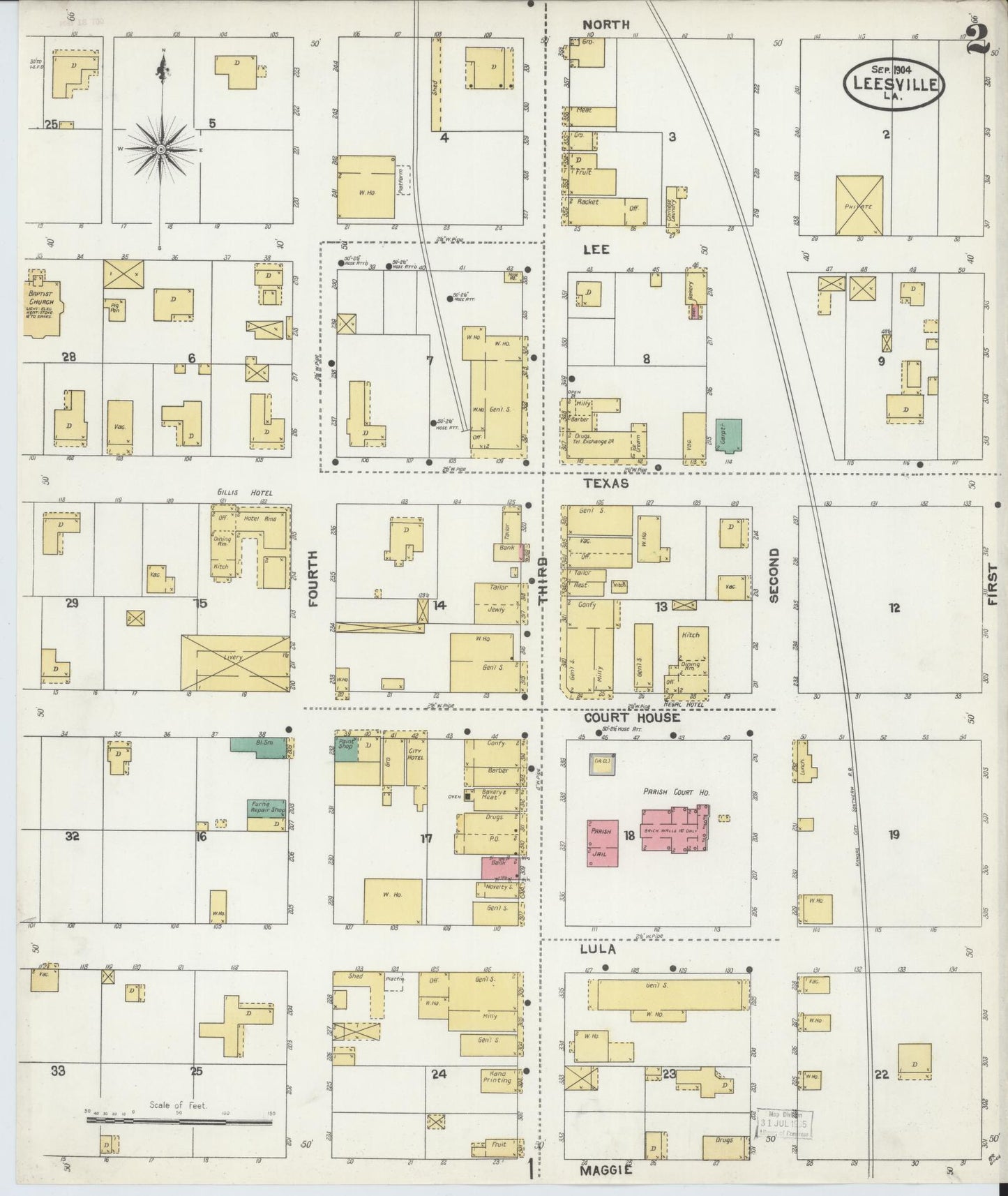 Sanborn Fire Insurance Map from Leesville, Vernon Parish, Louisiana (1904), Sheet #0002 - Historic Sanborn Fire Insurance Map Print, vintage old map wall art, antique decor, genealogy gift, Louisiana Louisiana map