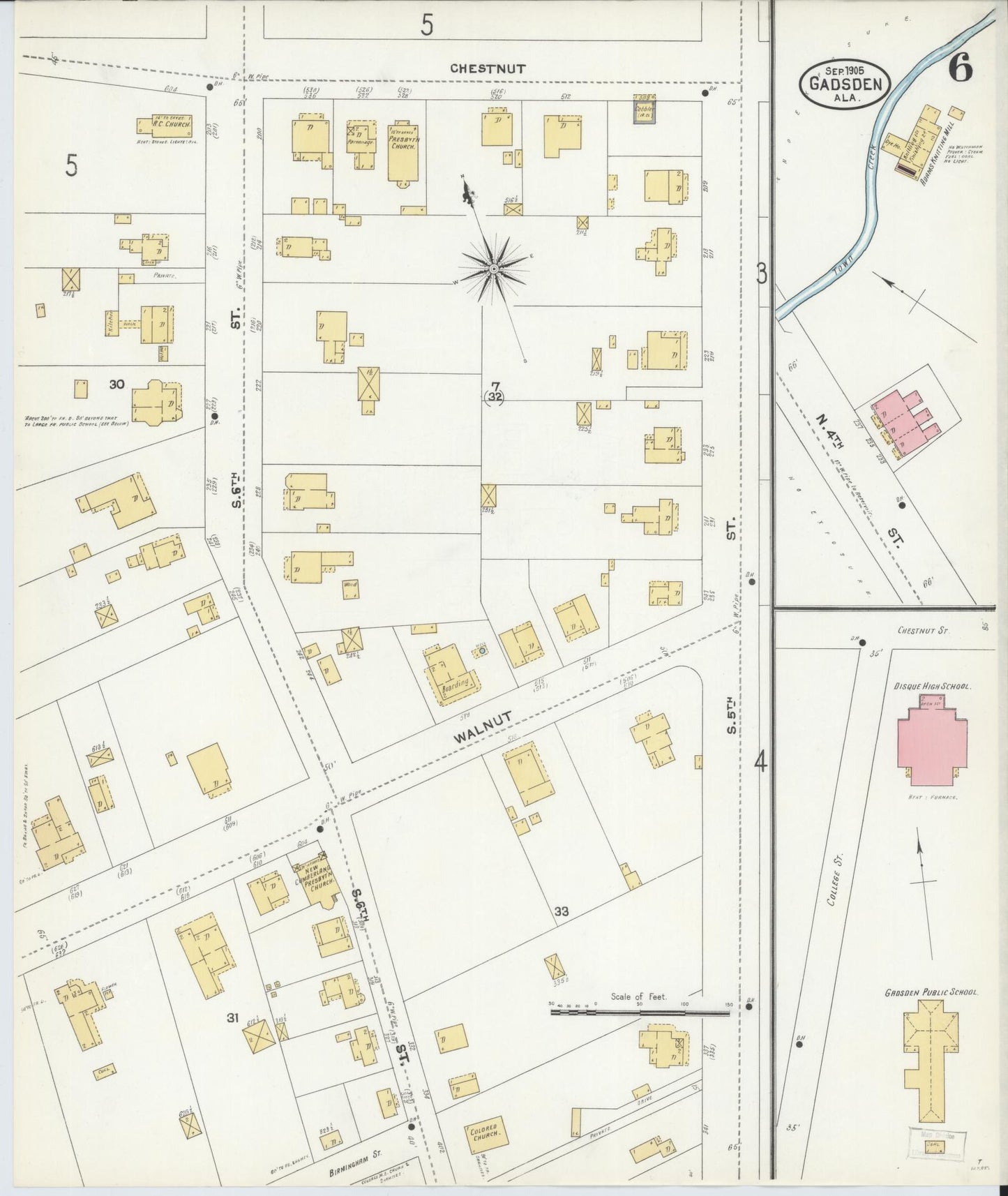 Sanborn Fire Insurance Map from Gadsden, Etowah County, Alabama (1905), Sheet #0006 - Complete Map Set gallery image, historic Sanborn map, vintage wall art, Alabama Alabama