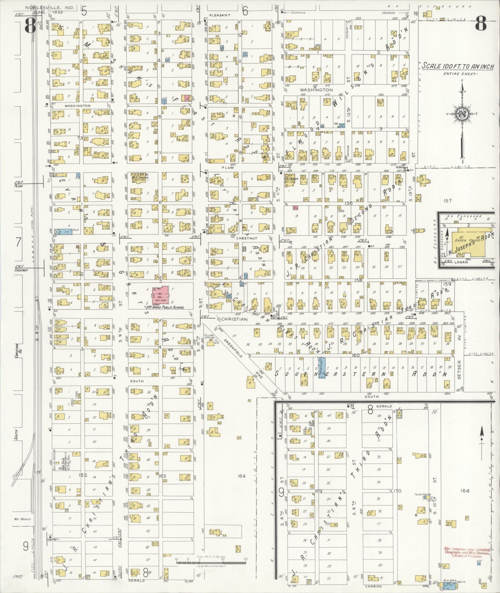 Sanborn Fire Insurance Map from Noblesville, Hamilton County, Indiana (1933), Sheet #0008 - Complete Map Set gallery image, historic Sanborn map, vintage wall art, Indiana Indiana