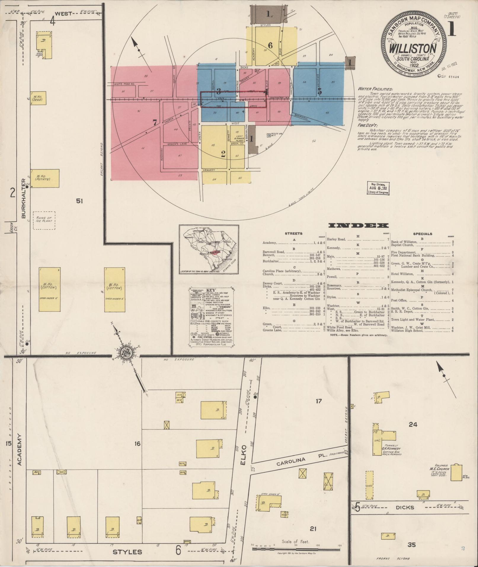 Sanborn Fire Insurance Map from Williston, Barnwell County, South Carolina (1922), Sheet #0001 - Historic Sanborn Fire Insurance Map Print, vintage old map wall art, antique decor, genealogy gift, South Carolina South Carolina map