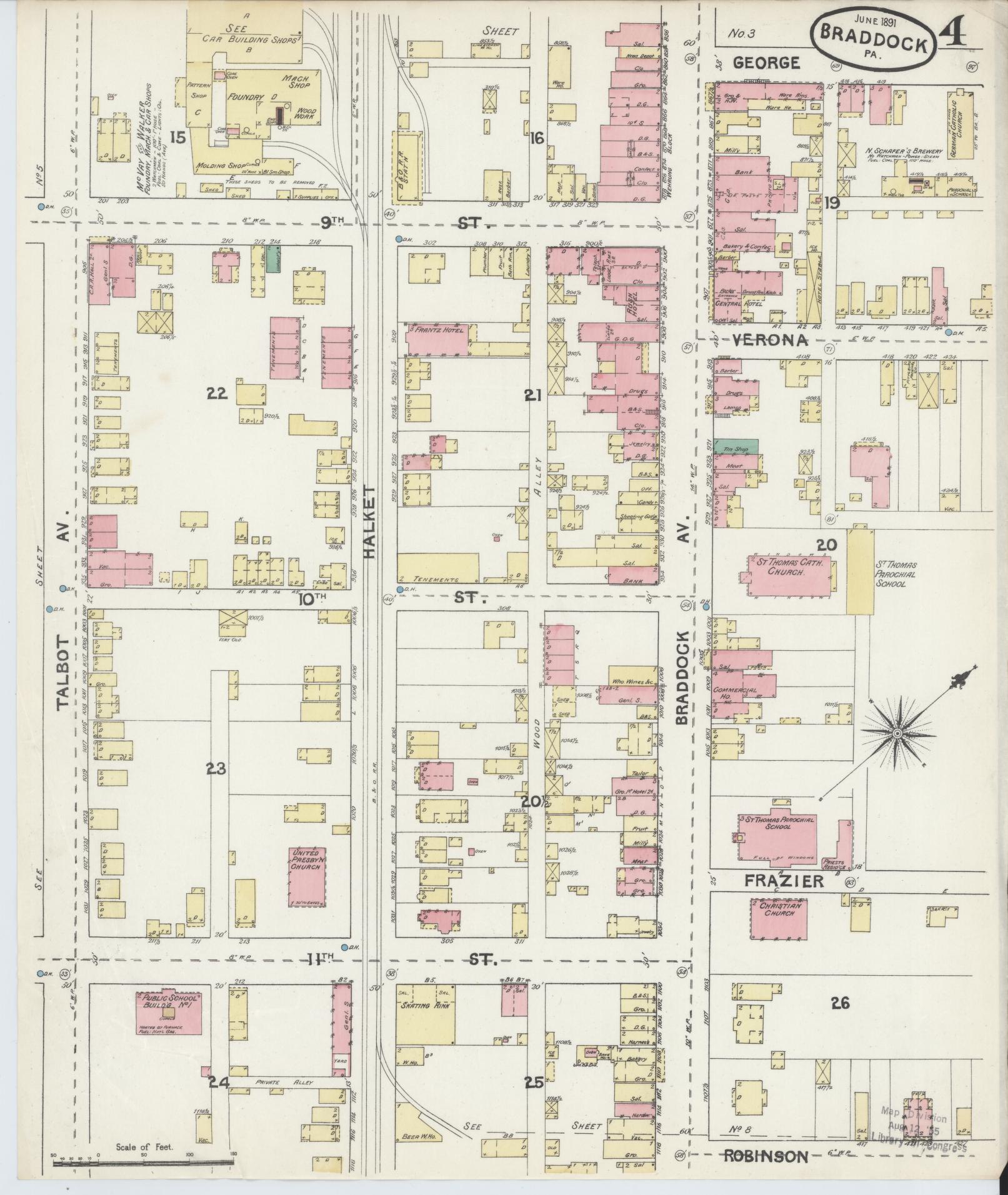 Sanborn Fire Insurance Map from Braddock, Allegheny County, Pennsylvania (1891), Sheet #0004 - Historic Sanborn Fire Insurance Map Print, vintage old map wall art, antique decor, genealogy gift, Pennsylvania Pennsylvania map