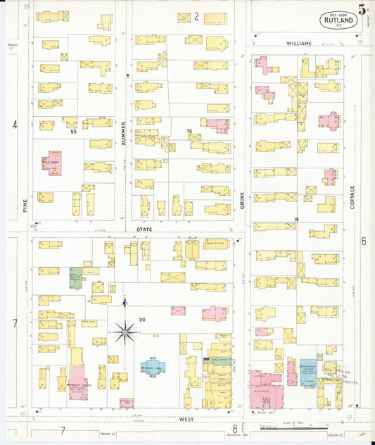 Sanborn Fire Insurance Map from Rutland, Rutland County, Vermont (1900), Sheet #0005 - Historic Sanborn Fire Insurance Map Print, vintage old map wall art, antique decor, genealogy gift, Vermont Vermont map