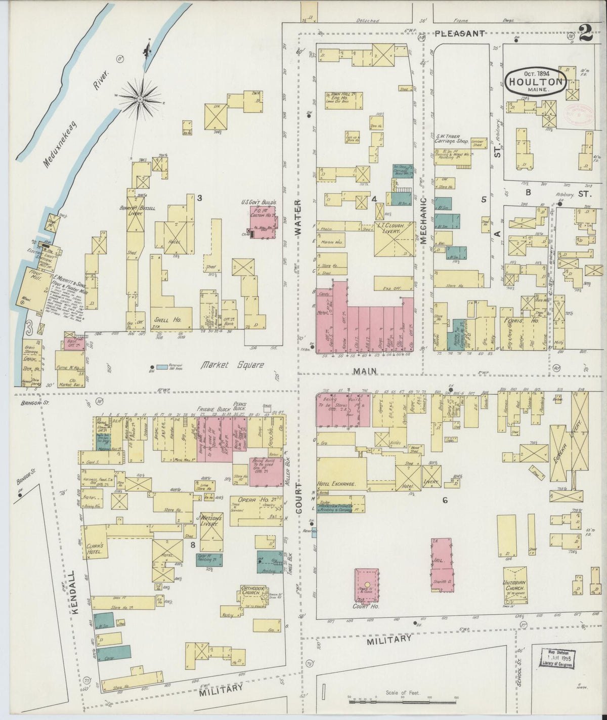 Sanborn Fire Insurance Map from Houlton, Aroostook County, Maine (1894), Sheet #0002 - Historic Sanborn Fire Insurance Map Print, vintage old map wall art, antique decor, genealogy gift, Maine Maine map