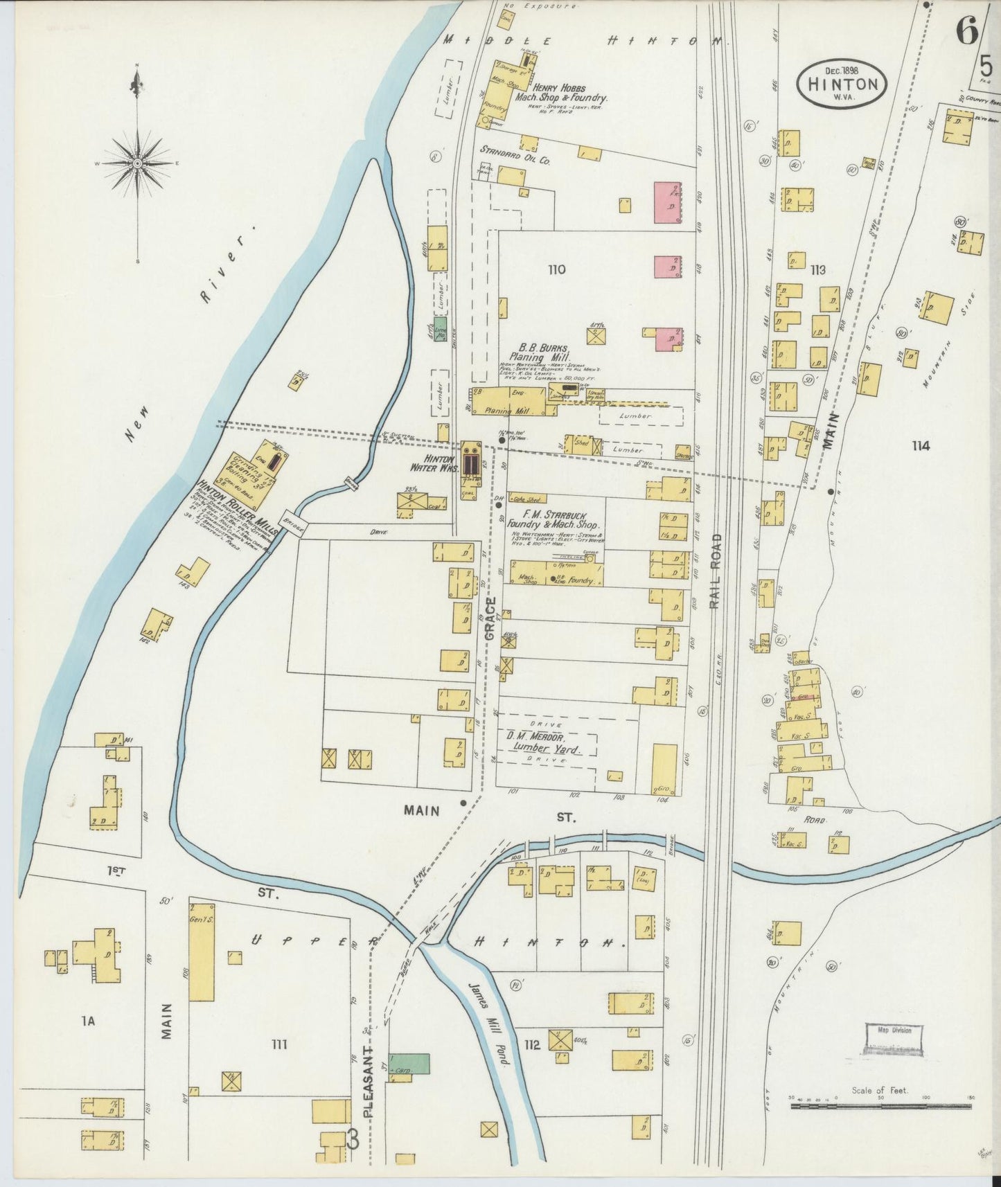 Sanborn Fire Insurance Map from Hinton, Summer County, West Virginia (1898), Sheet #0006 - Complete Map Set gallery image, historic Sanborn map, vintage wall art, West Virginia West Virginia