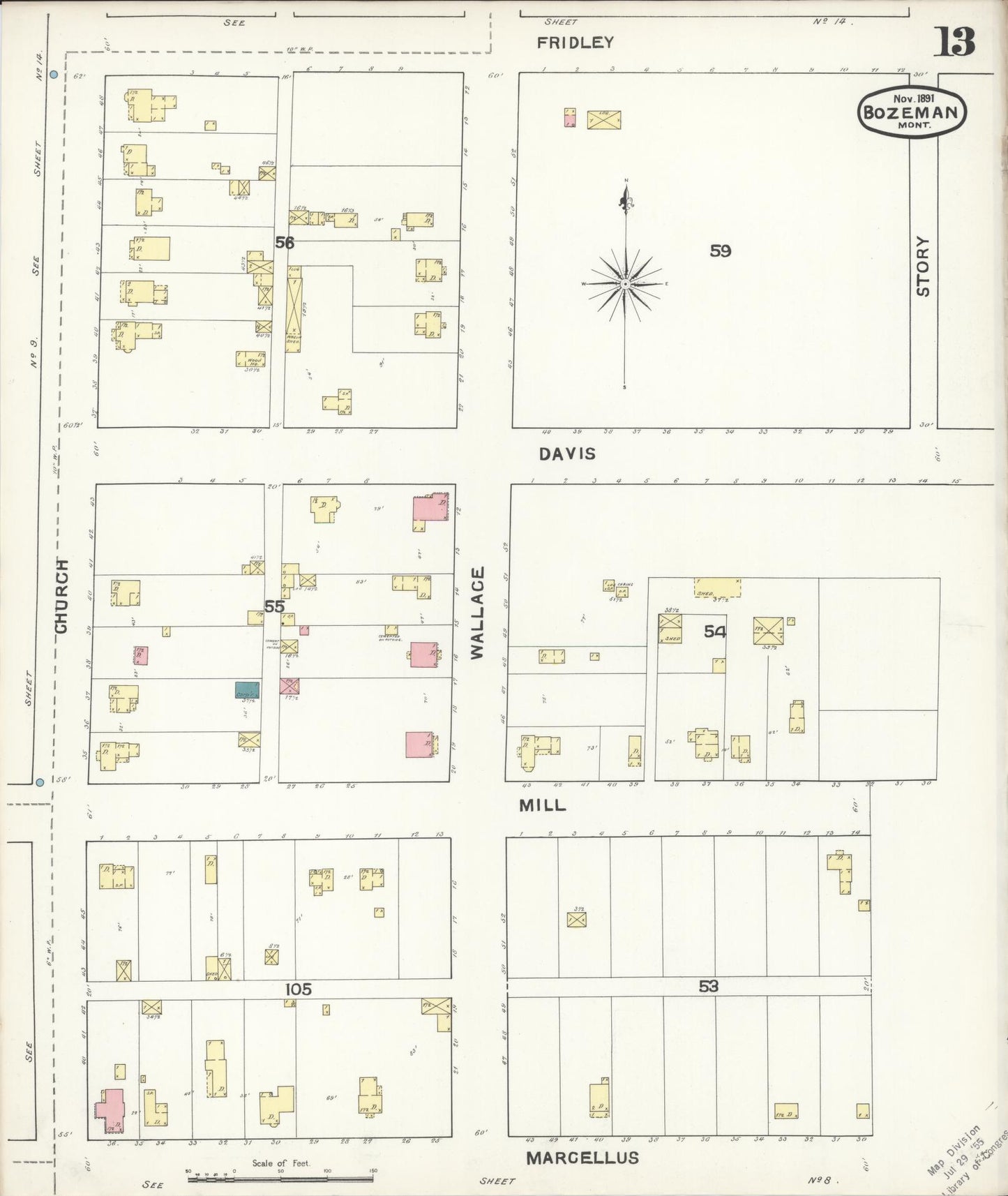 Sanborn Fire Insurance Map from Bozeman, Gallatin County, Montana (1891), Sheet #0013 - Historic Sanborn Fire Insurance Map Print, vintage old map wall art, antique decor, genealogy gift, Montana Montana map