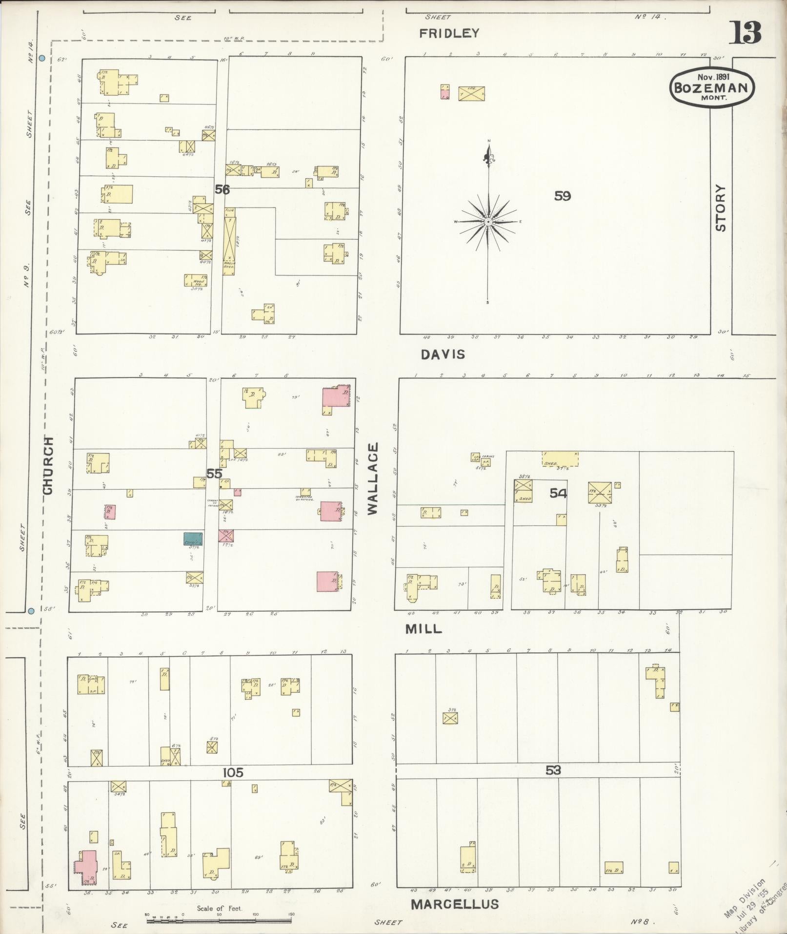 Sanborn Fire Insurance Map from Bozeman, Gallatin County, Montana (1891), Sheet #0013 - Historic Sanborn Fire Insurance Map Print, vintage old map wall art, antique decor, genealogy gift, Montana Montana map