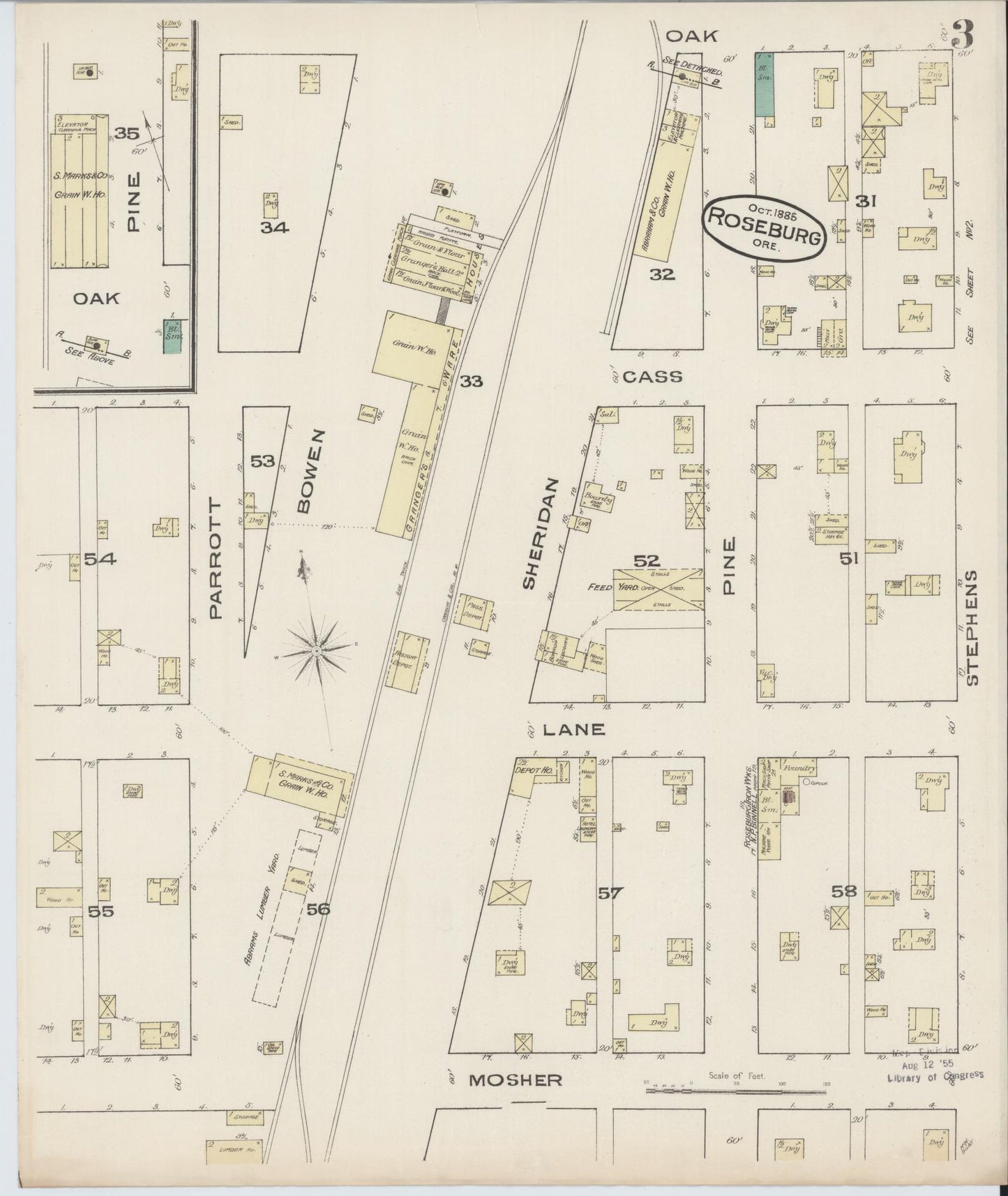 Sanborn Fire Insurance Map from Roseburg, Douglas County, Oregon (1885), Sheet #0003 - Complete Map Set gallery image, historic Sanborn map, vintage wall art, Oregon Oregon