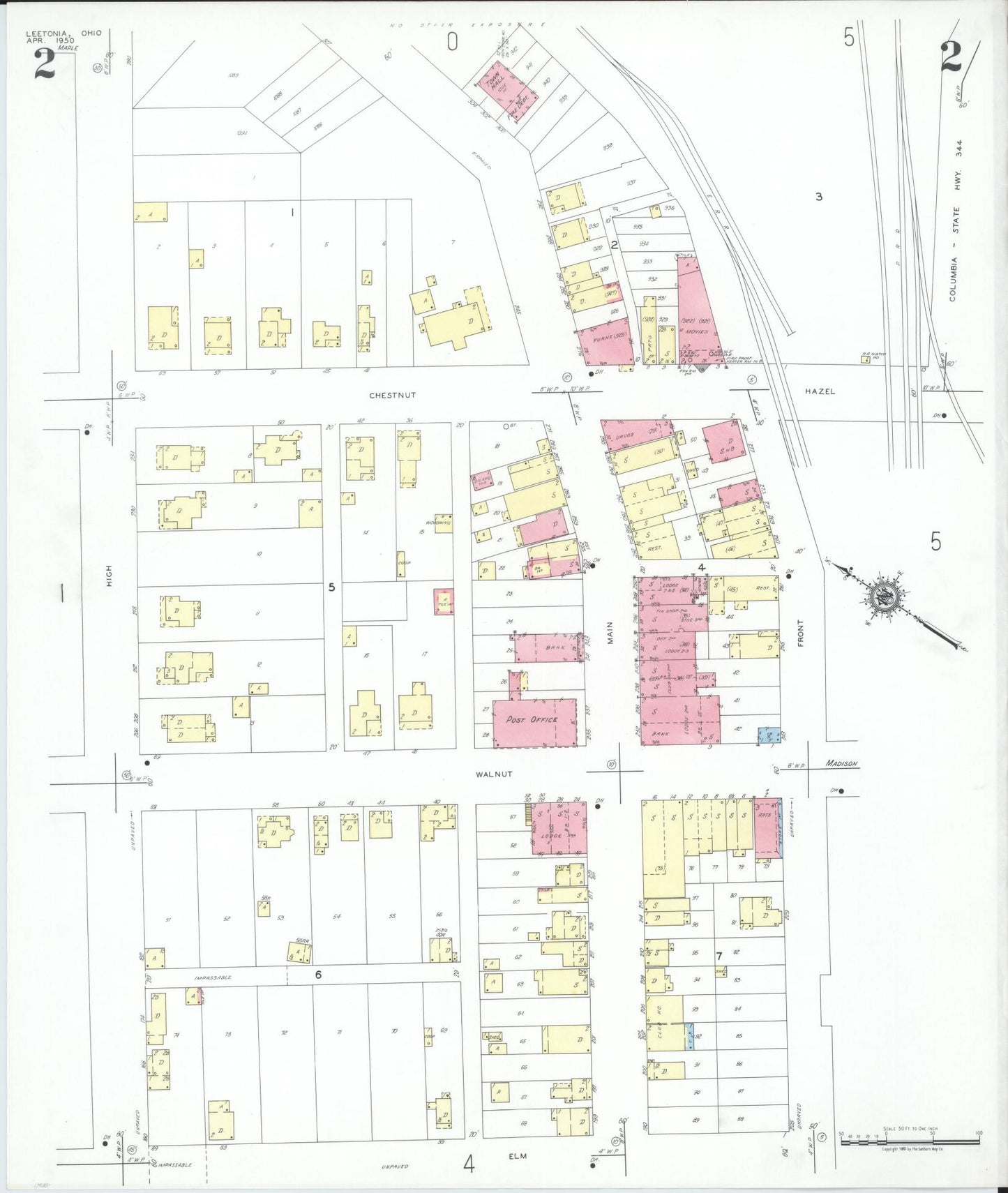 Sanborn Fire Insurance Map from Leetonia, Columbiana County, Ohio (1950), Sheet #0002 - Historic Sanborn Fire Insurance Map Print, vintage old map wall art, antique decor, genealogy gift, Ohio Ohio map