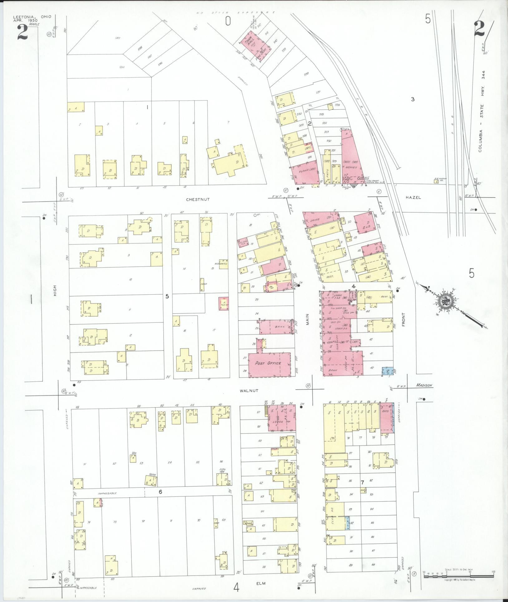 Sanborn Fire Insurance Map from Leetonia, Columbiana County, Ohio (1950), Sheet #0002 - Historic Sanborn Fire Insurance Map Print, vintage old map wall art, antique decor, genealogy gift, Ohio Ohio map
