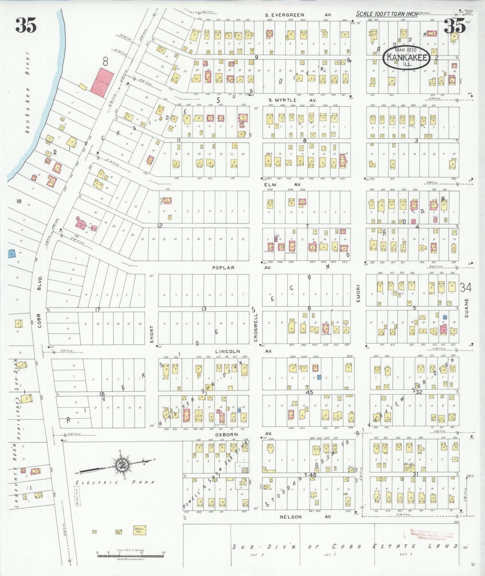 Sanborn Fire Insurance Map from Kankakee, Kankakee County, Illinois (1930), Sheet #0035 - Historic Sanborn Fire Insurance Map Print, vintage old map wall art, antique decor, genealogy gift, Illinois Illinois map