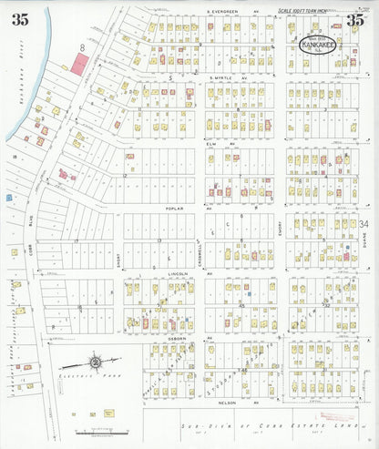 Sanborn Fire Insurance Map from Kankakee, Kankakee County, Illinois (1930), Sheet #0035 - Historic Sanborn Fire Insurance Map Print, vintage old map wall art, antique decor, genealogy gift, Illinois Illinois map
