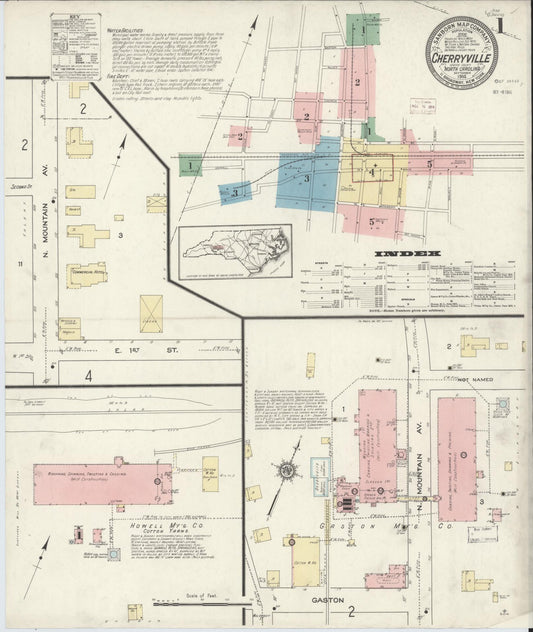 Sanborn Fire Insurance Map from Cherryville, Gaston County, North Carolina (1914), Sheet #0001 - Complete Map Set gallery image, historic Sanborn map, vintage wall art, North Carolina North Carolina