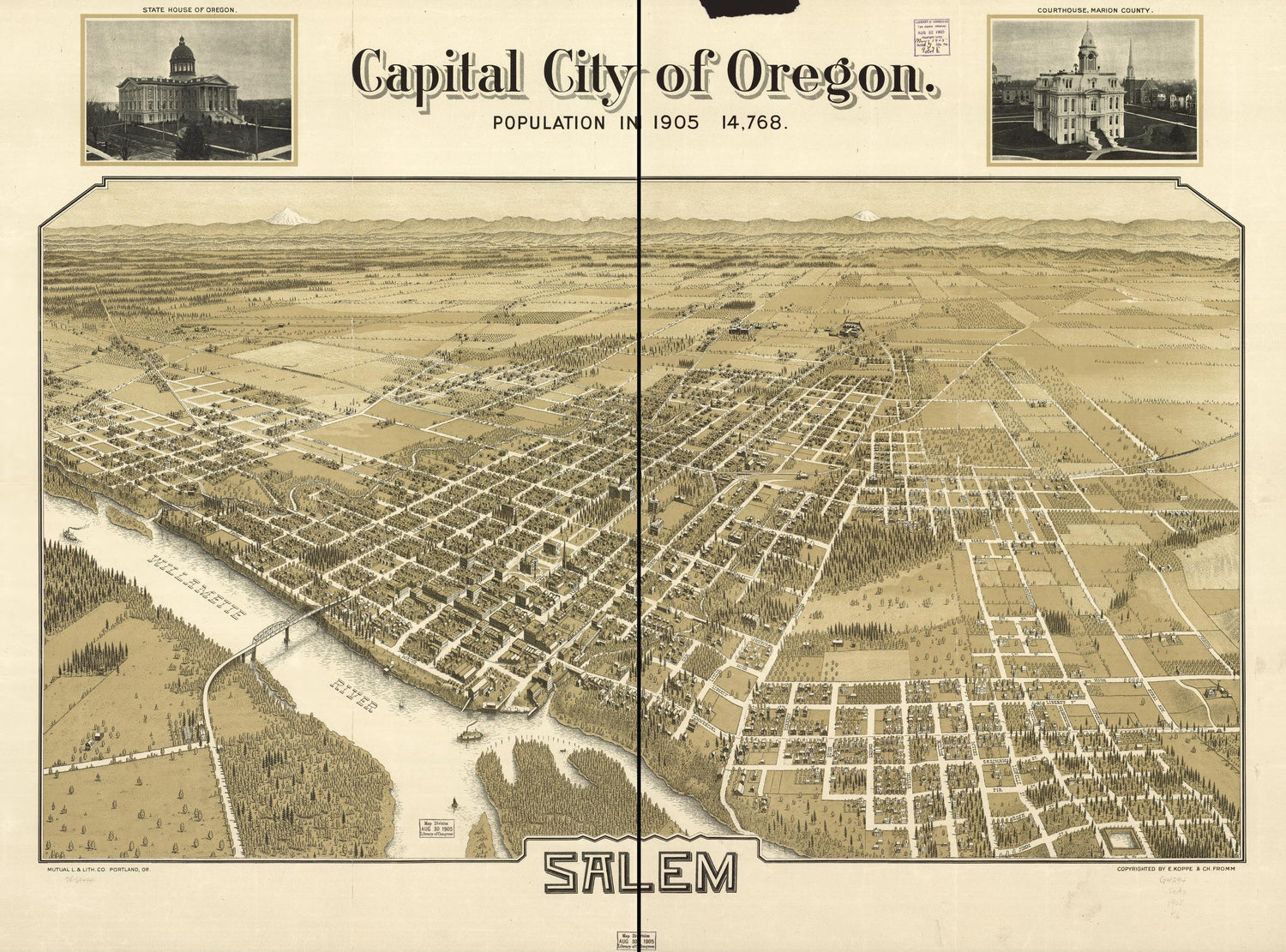 Capital city of Oregon, Salem. (1905) – Historic Bird’s-Eye View Panorama Print