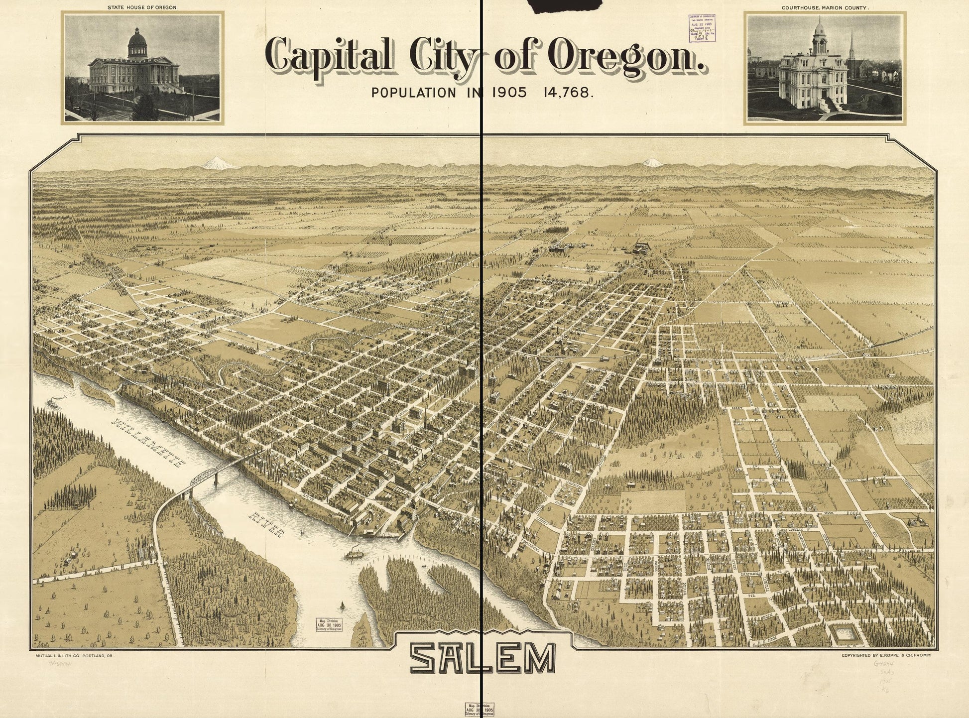 Capital city of Oregon, Salem. (1905) – Historic Bird’s-Eye View Panorama Print