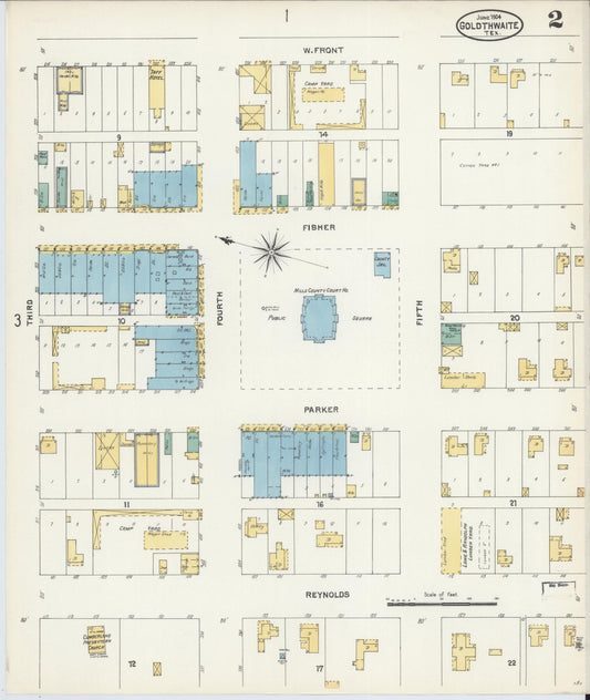 Sanborn Fire Insurance Map from Goldthwaite, Mills County, Texas (1904), Sheet #0002 - Historic Sanborn Fire Insurance Map Print, vintage old map wall art, antique decor, genealogy gift, Texas Texas map