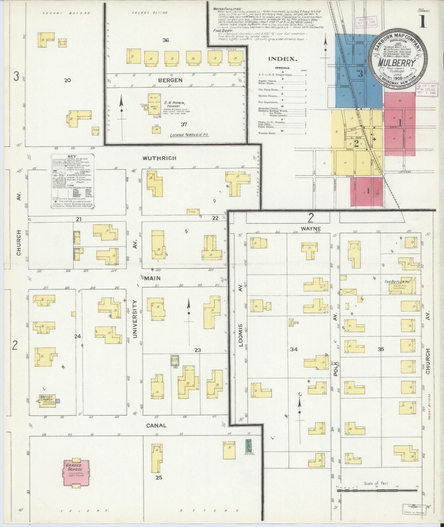 Sanborn Fire Insurance Map from Mulberry, Polk County, Florida (1909), Sheet #0001 - Complete Map Set gallery image, historic Sanborn map, vintage wall art, Florida Florida